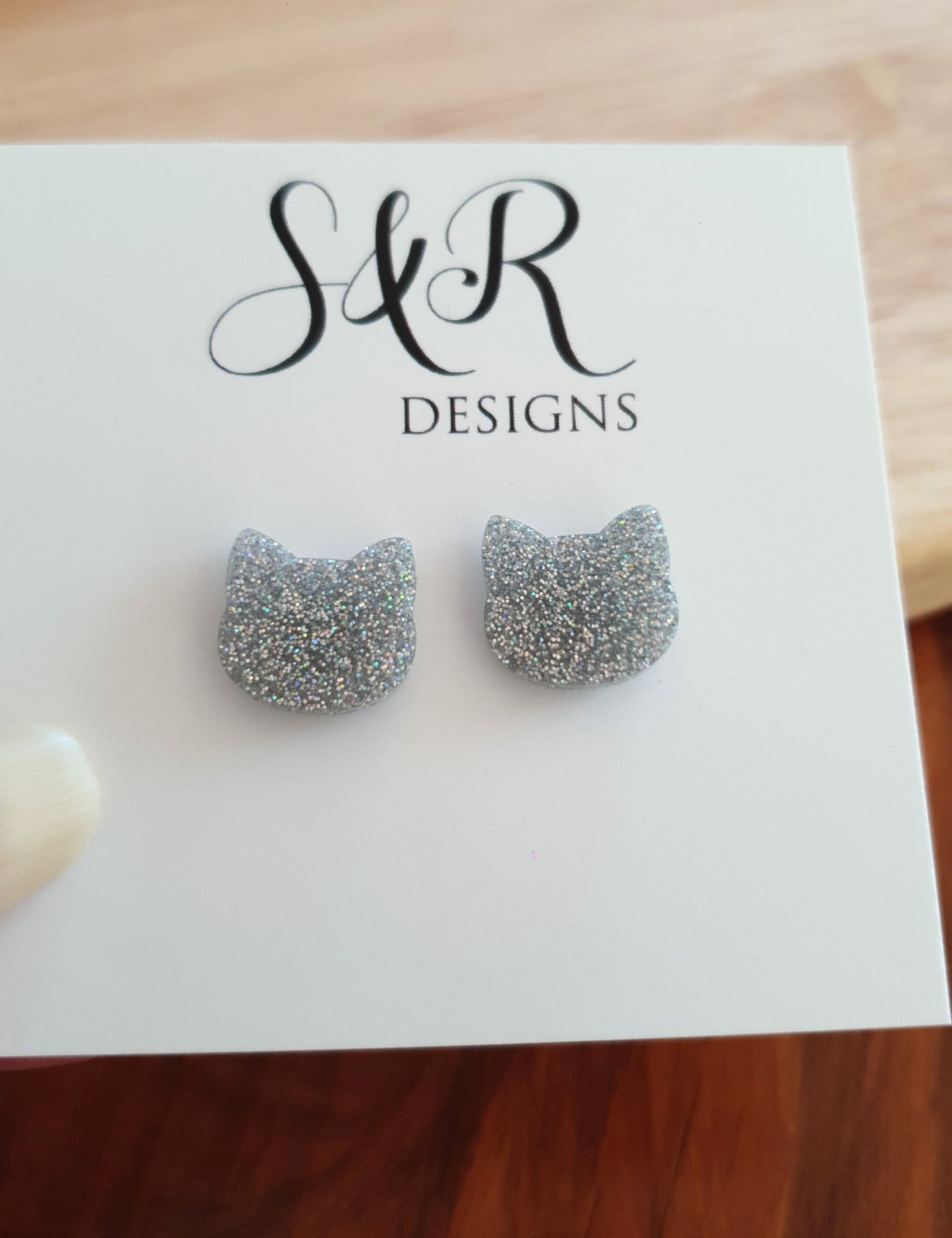 Silver Holographic Earrings, Cat Resin Stud Earrings, Kitten Earrings made with Stainless Steel.