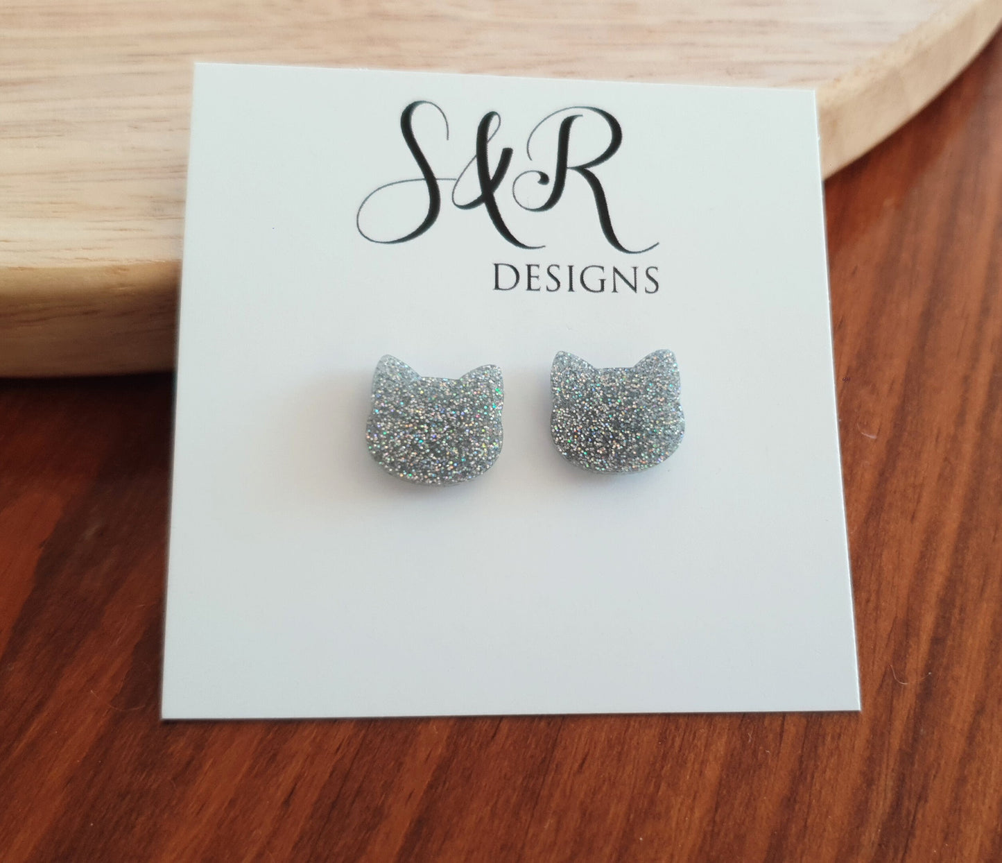 Silver Holographic Earrings, Cat Resin Stud Earrings, Kitten Earrings made with Stainless Steel.