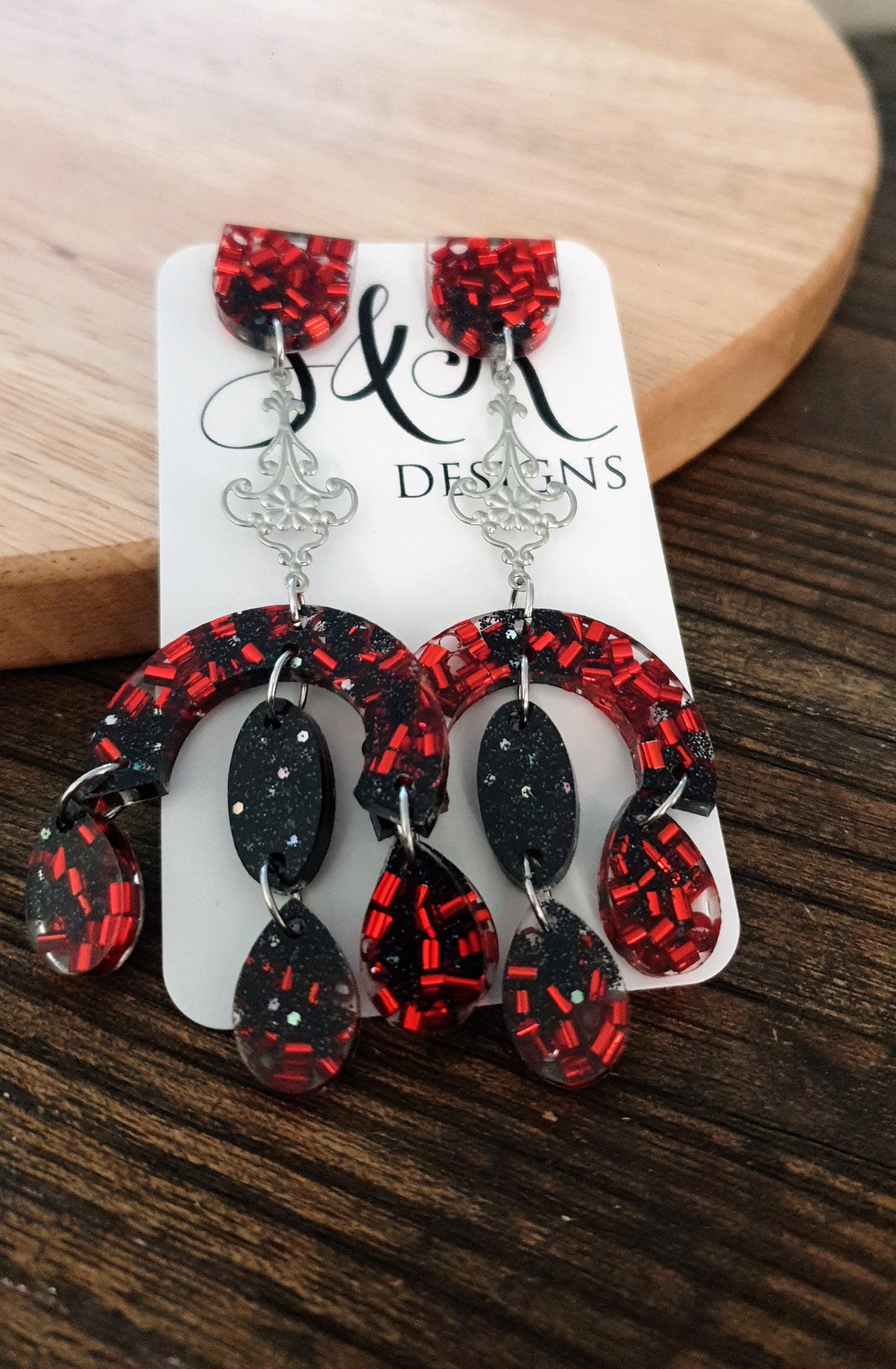 Large Oversized Chandelier Dangle Earrings, Red Black Glitter Filigree Dangles, Gothic Statement Long Earrings