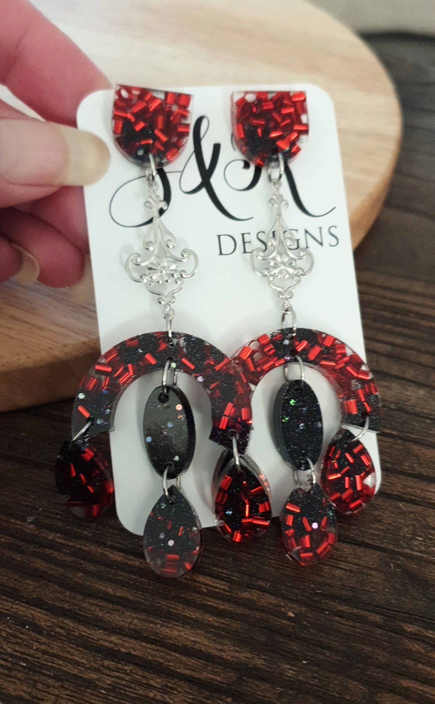 Large Oversized Chandelier Dangle Earrings, Red Black Glitter Filigree Dangles, Gothic Statement Long Earrings