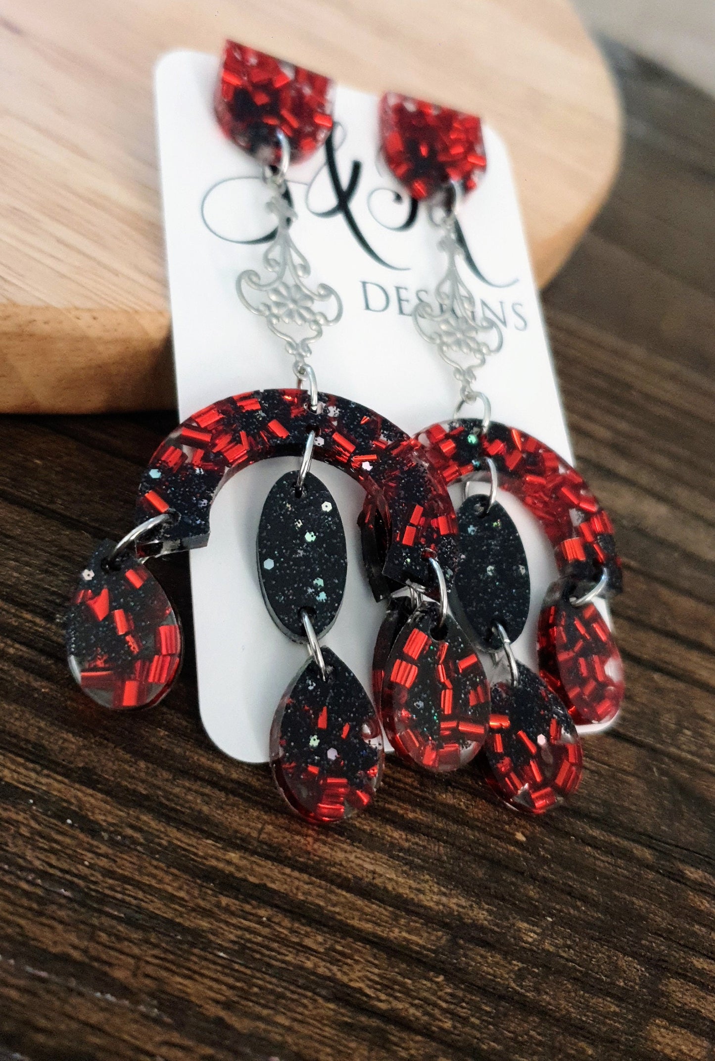 Large Oversized Chandelier Dangle Earrings, Red Black Glitter Filigree Dangles, Gothic Statement Long Earrings