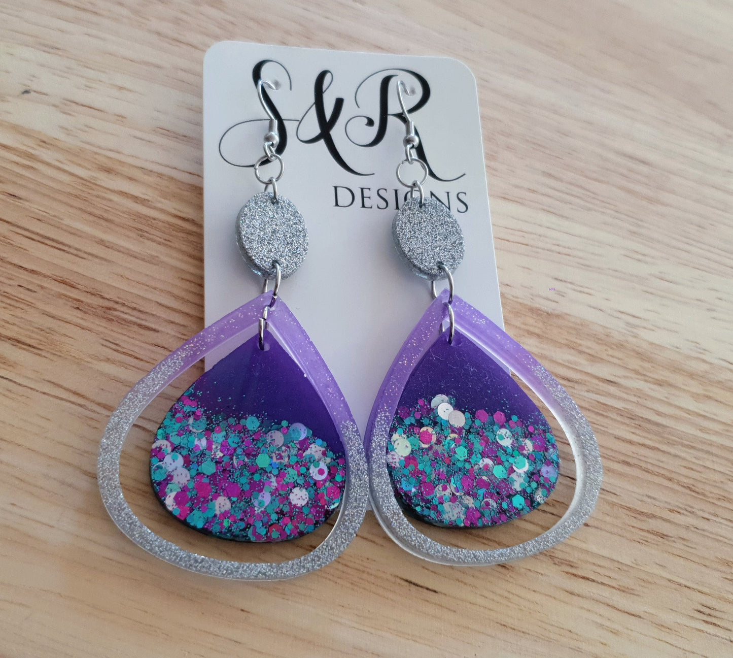 Holographic Double Teardrop Long Hook Earrings, Purple, Teal and Silver Glitter Resin Dangles, Stainless Steel Earrings, Statement Earrings