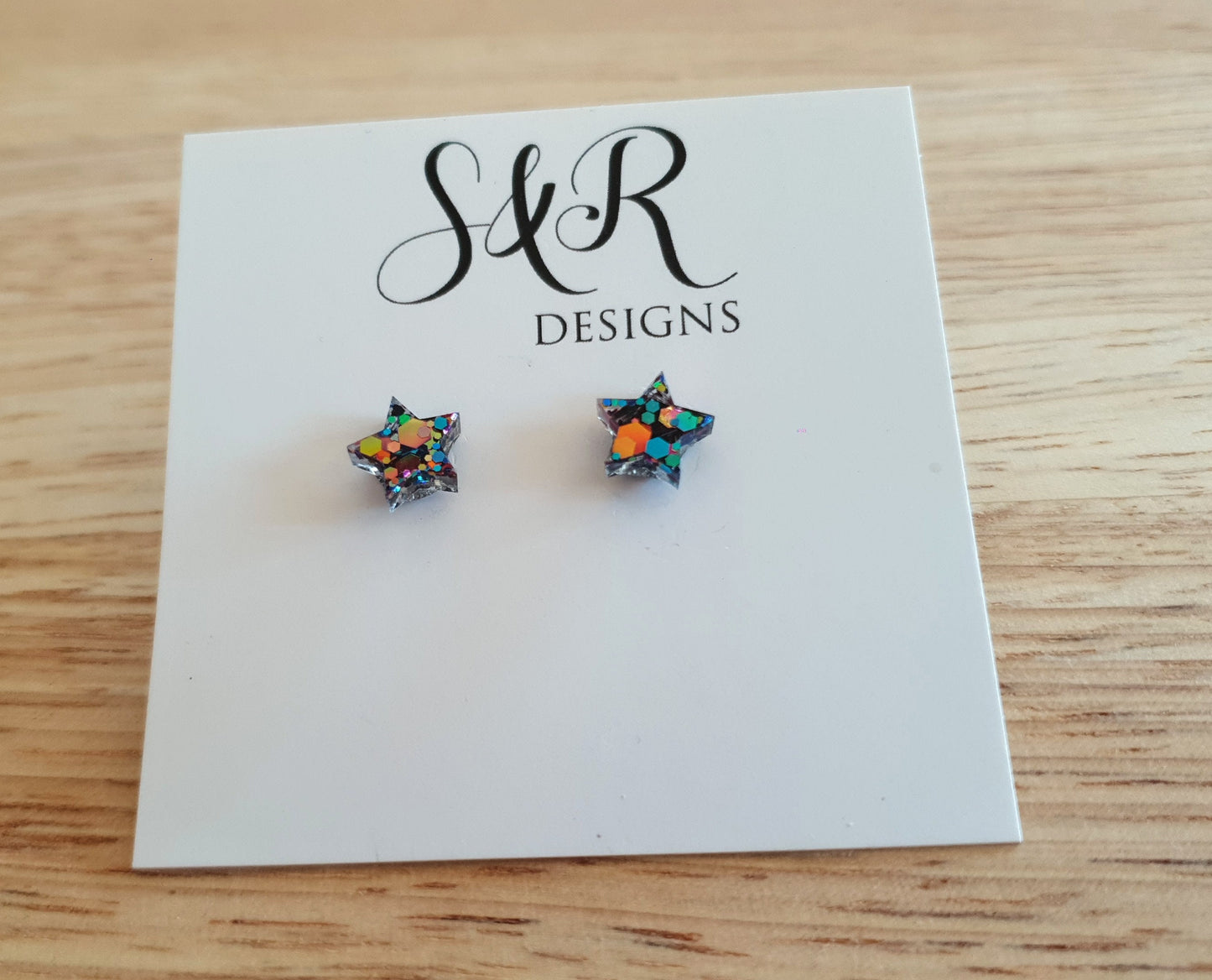 Kaleidoscope Star Resin Stud Earrings, Black, Blue, Pink,Teal, Orange, Yellow Star. Stainless Steel Minimalist Stud Earrings.