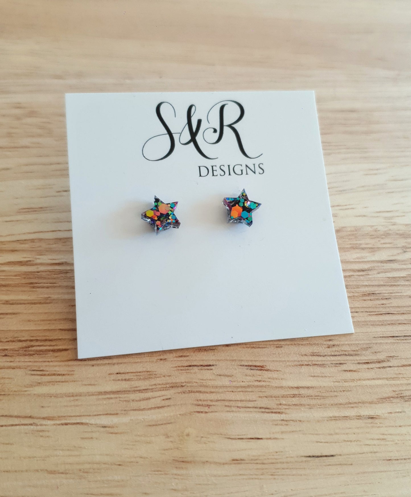 Kaleidoscope Star Resin Stud Earrings, Black, Blue, Pink,Teal, Orange, Yellow Star. Stainless Steel Minimalist Stud Earrings.