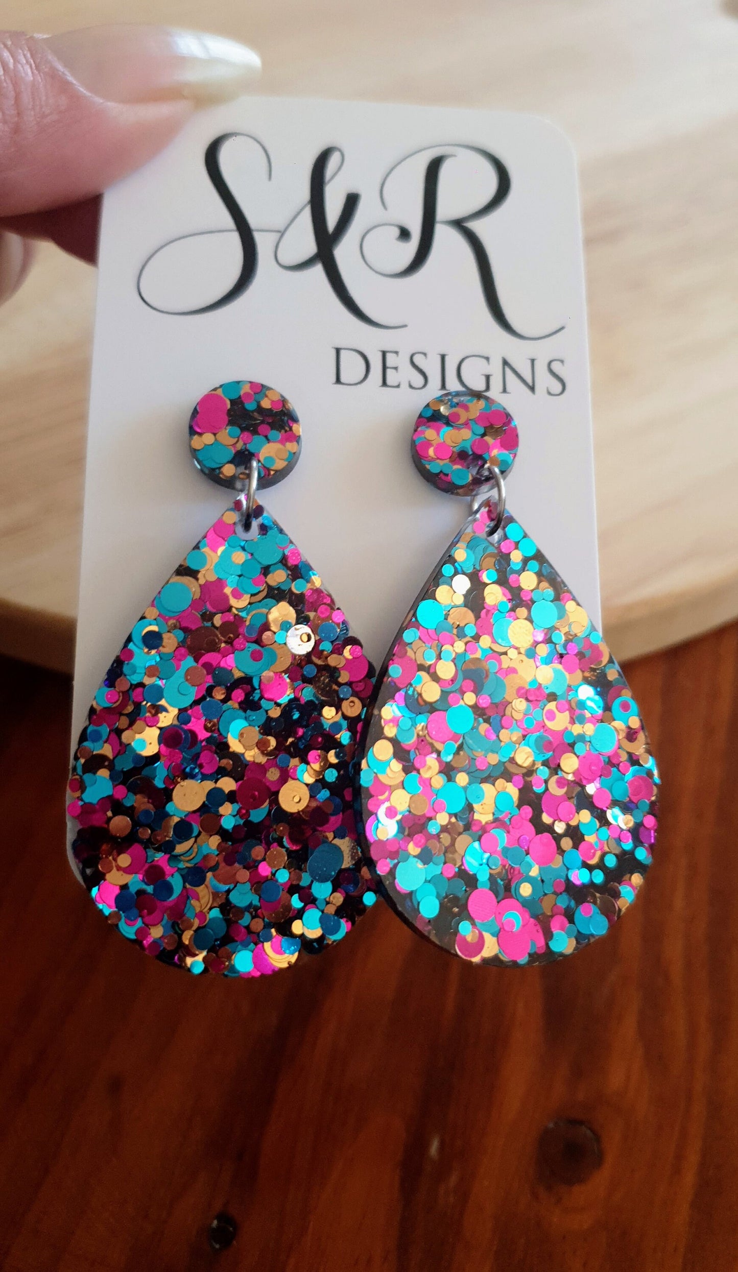Multicoloured Teardrop Resin Long Dangle Earrings, Hot Pink, Aqua and Rosegold Glitter Resin Earrings, Stainless Steel, Statement Earrings