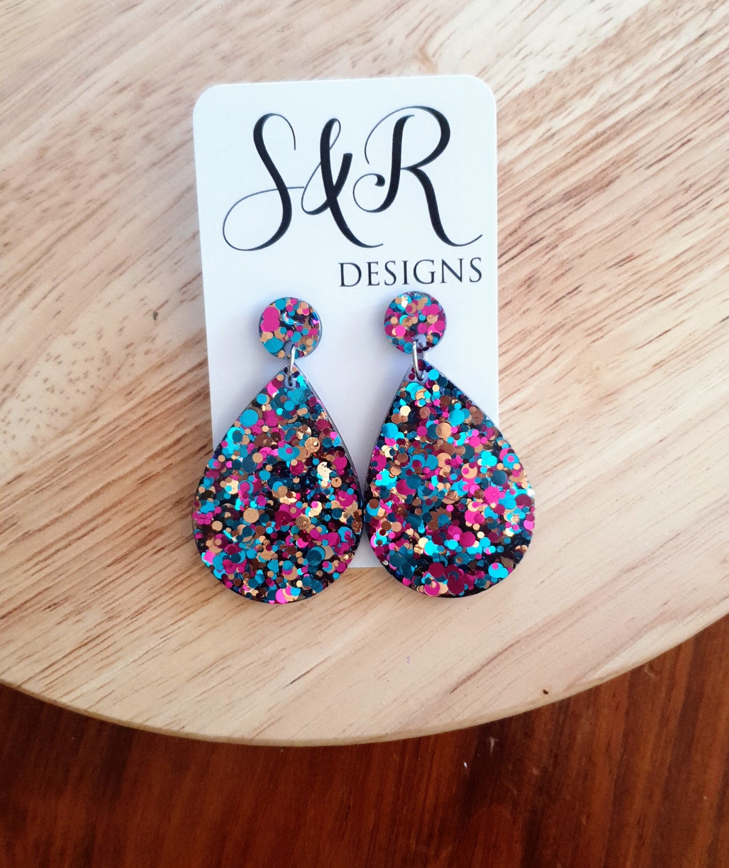 Multicoloured Teardrop Resin Long Dangle Earrings, Hot Pink, Aqua and Rosegold Glitter Resin Earrings, Stainless Steel, Statement Earrings