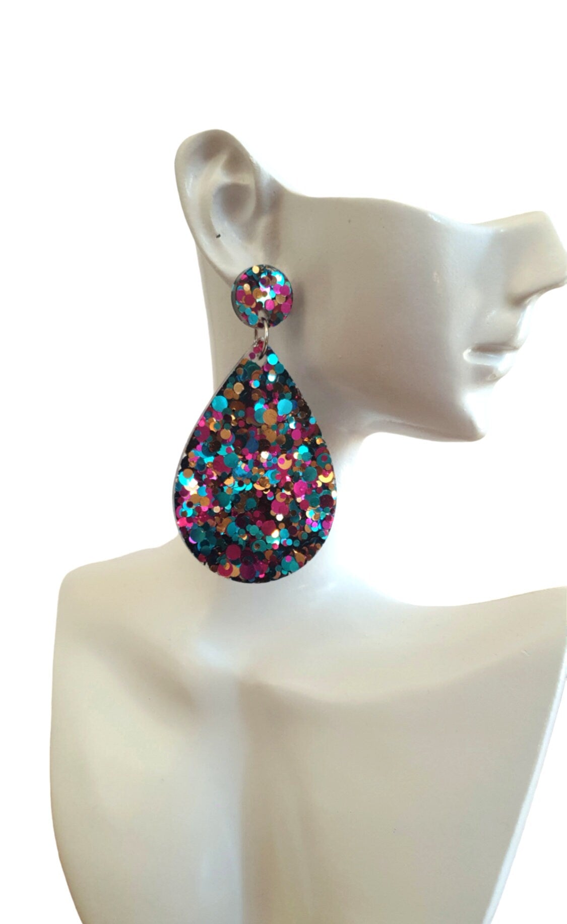 Multicoloured Teardrop Resin Long Dangle Earrings, Hot Pink, Aqua and Rosegold Glitter Resin Earrings, Stainless Steel, Statement Earrings