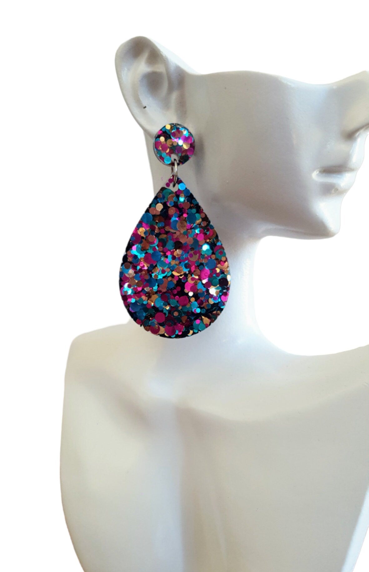 Multicoloured Teardrop Resin Long Dangle Earrings, Hot Pink, Aqua and Rosegold Glitter Resin Earrings, Stainless Steel, Statement Earrings