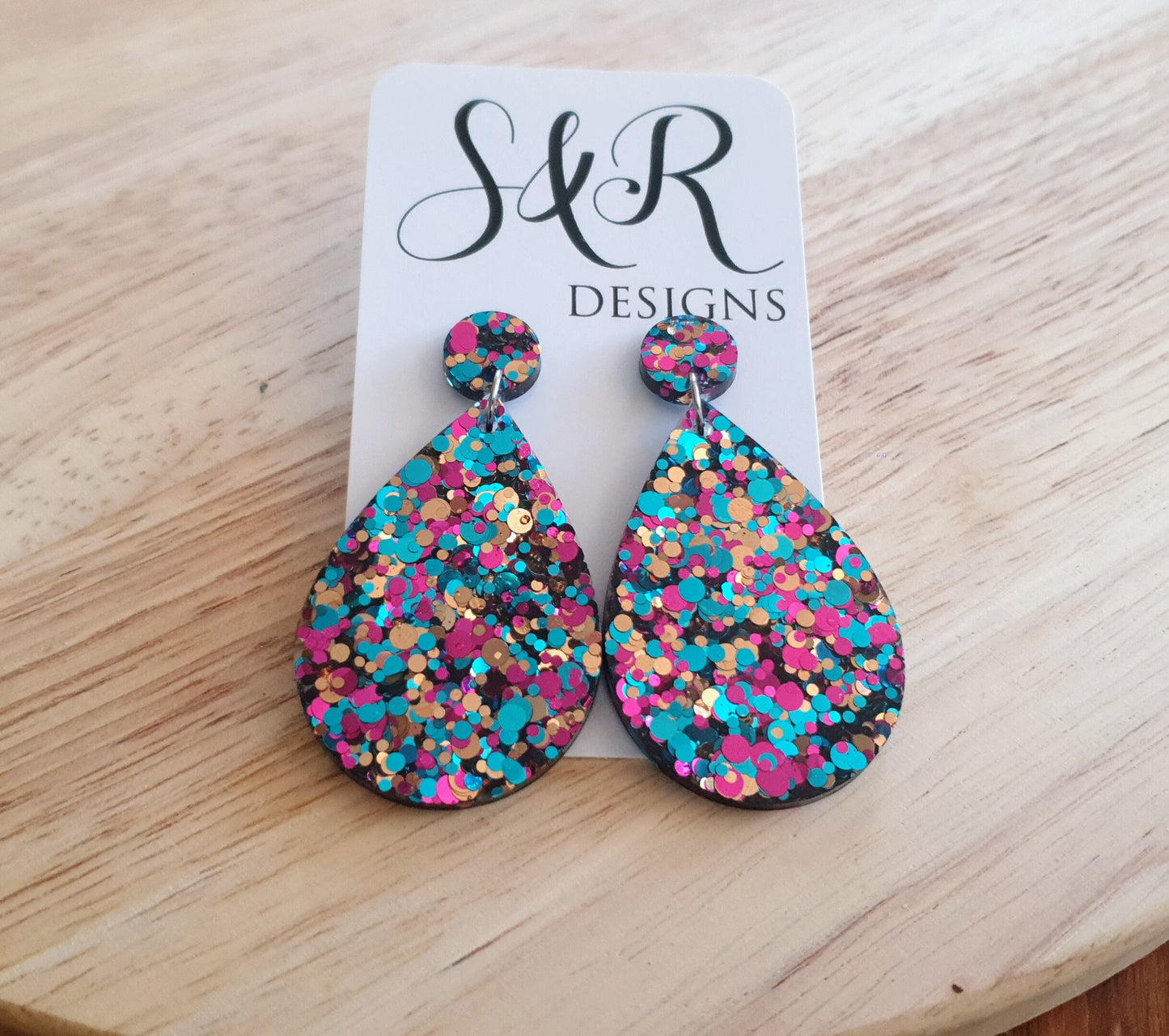 Multicoloured Teardrop Resin Long Dangle Earrings, Hot Pink, Aqua and Rosegold Glitter Resin Earrings, Stainless Steel, Statement Earrings