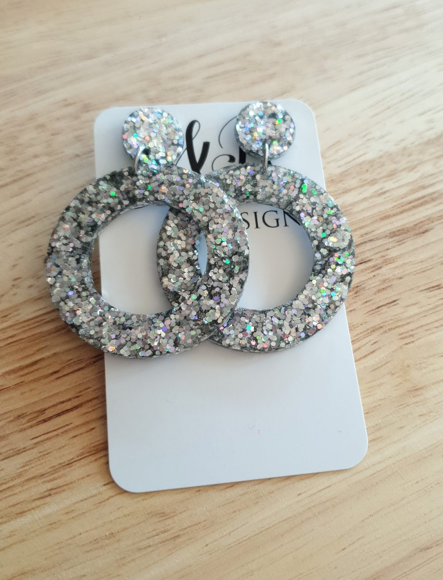 Silver Circle Dangle Earrings, Silver Holographic Glitter Resin Earrings, Stainless Steel Earrings, Statement Earrings, Large Earrings