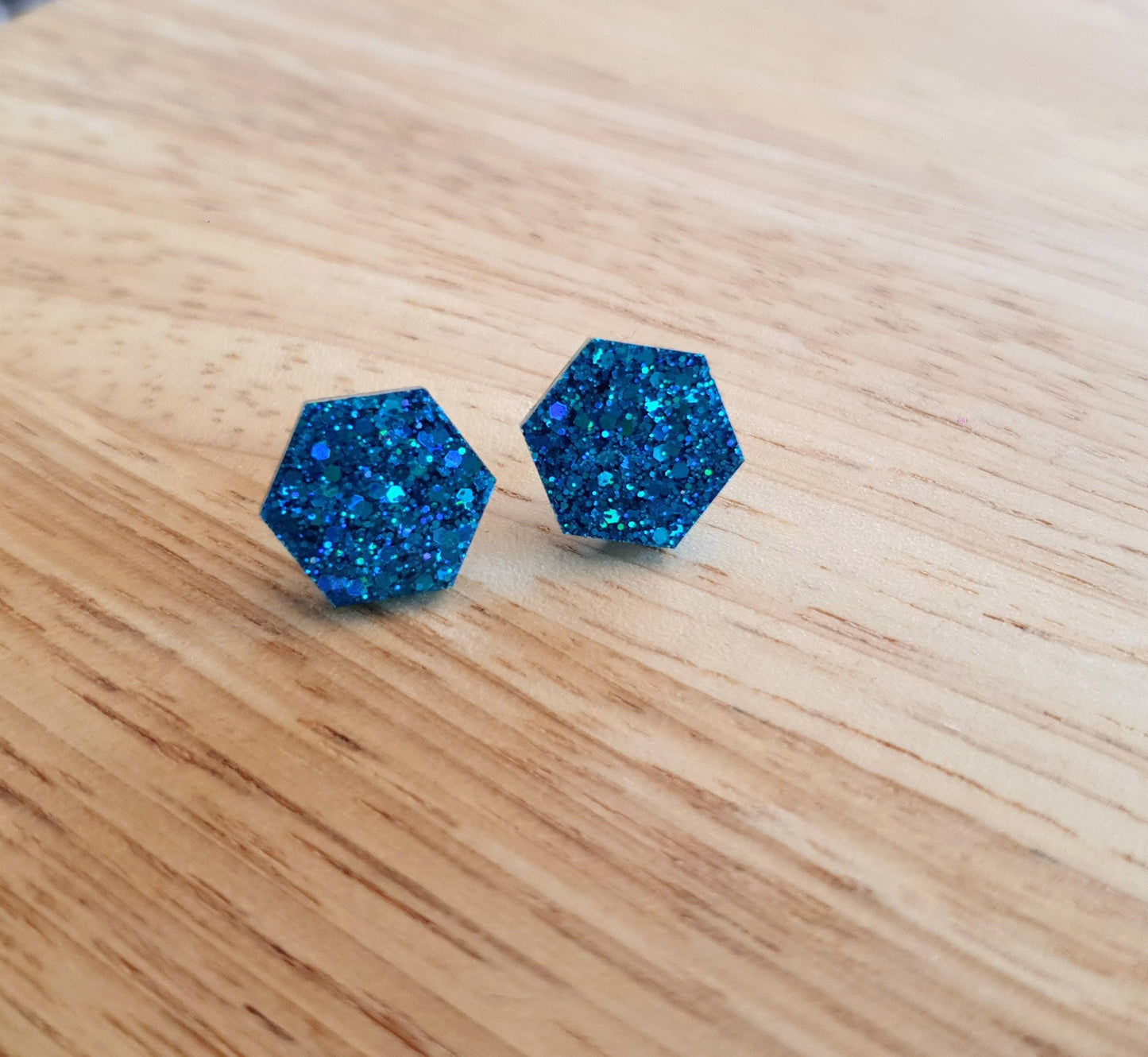 Hexagon Stud Earring, Ocean Blue Glitter Resin Studs, Stainless Steel. 15mm