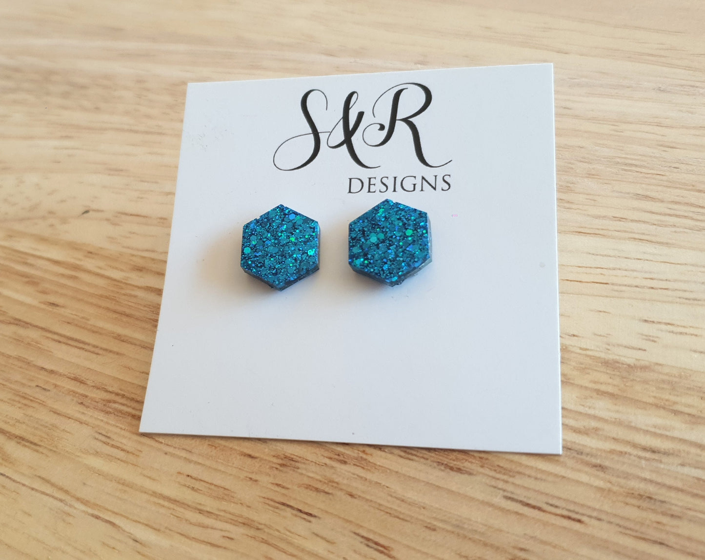 Hexagon Stud Earring, Ocean Blue Glitter Resin Studs, Stainless Steel. 15mm