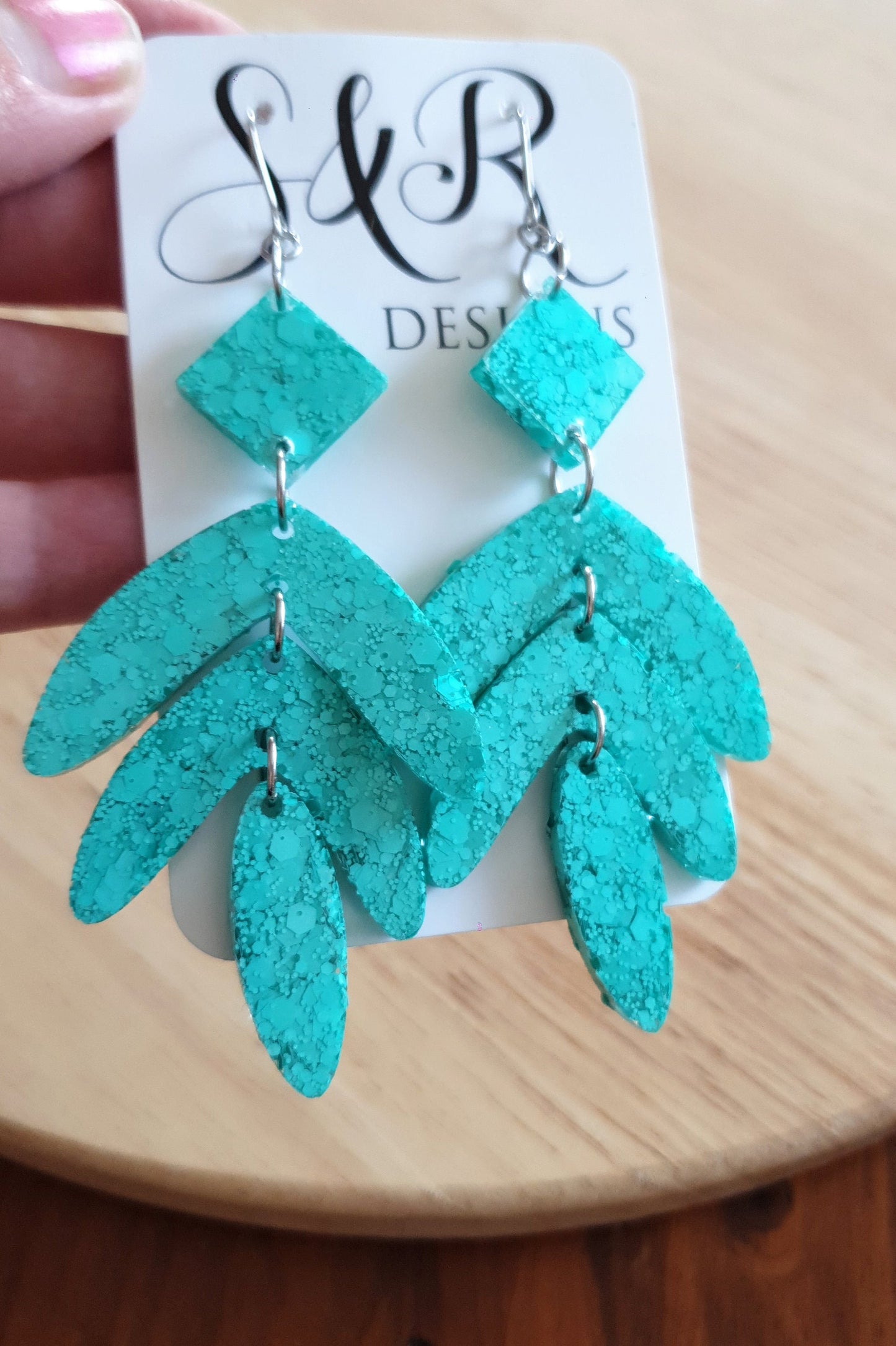 Mint Glitter Leaves Dangle Drop Hook Earrings, Green Mint Glitter Resin Dangles, Statement Chandelier Earrings with Stainless Steel