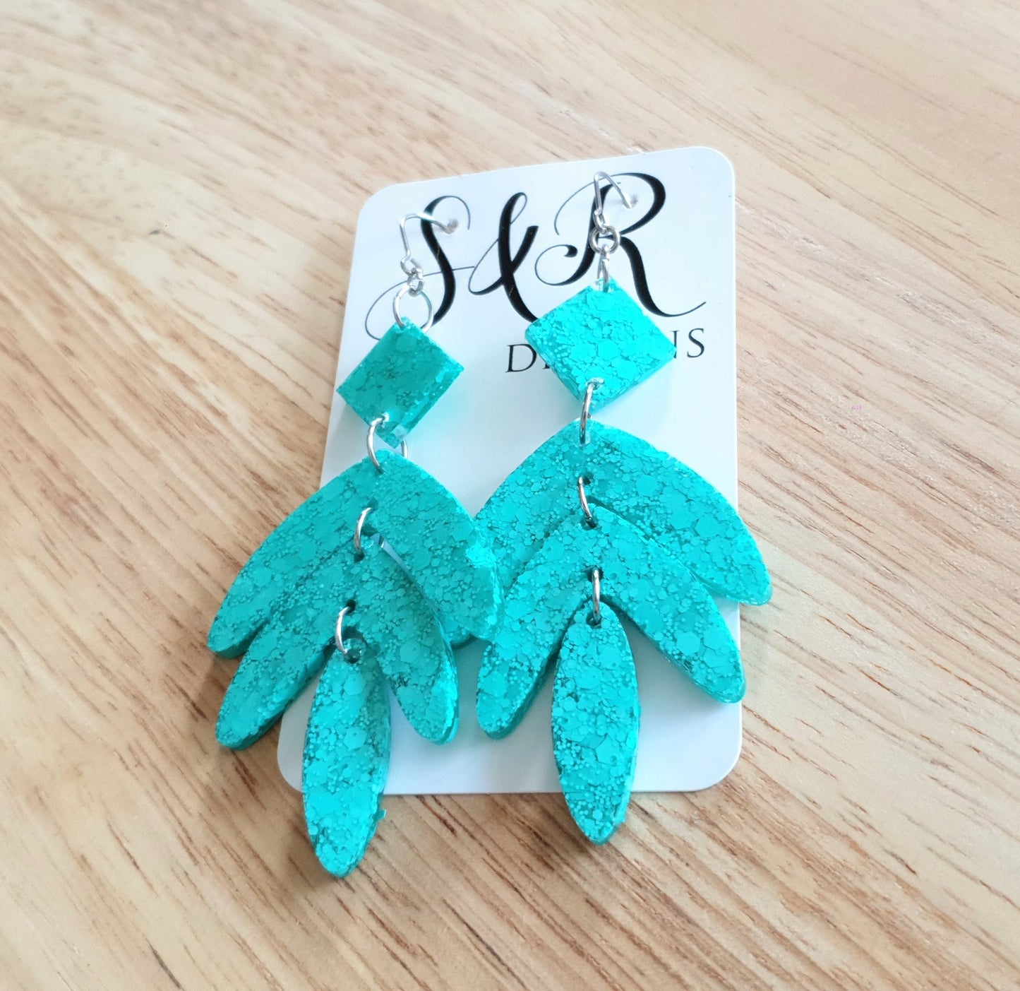 Mint Glitter Leaves Dangle Drop Hook Earrings, Green Mint Glitter Resin Dangles, Statement Chandelier Earrings with Stainless Steel