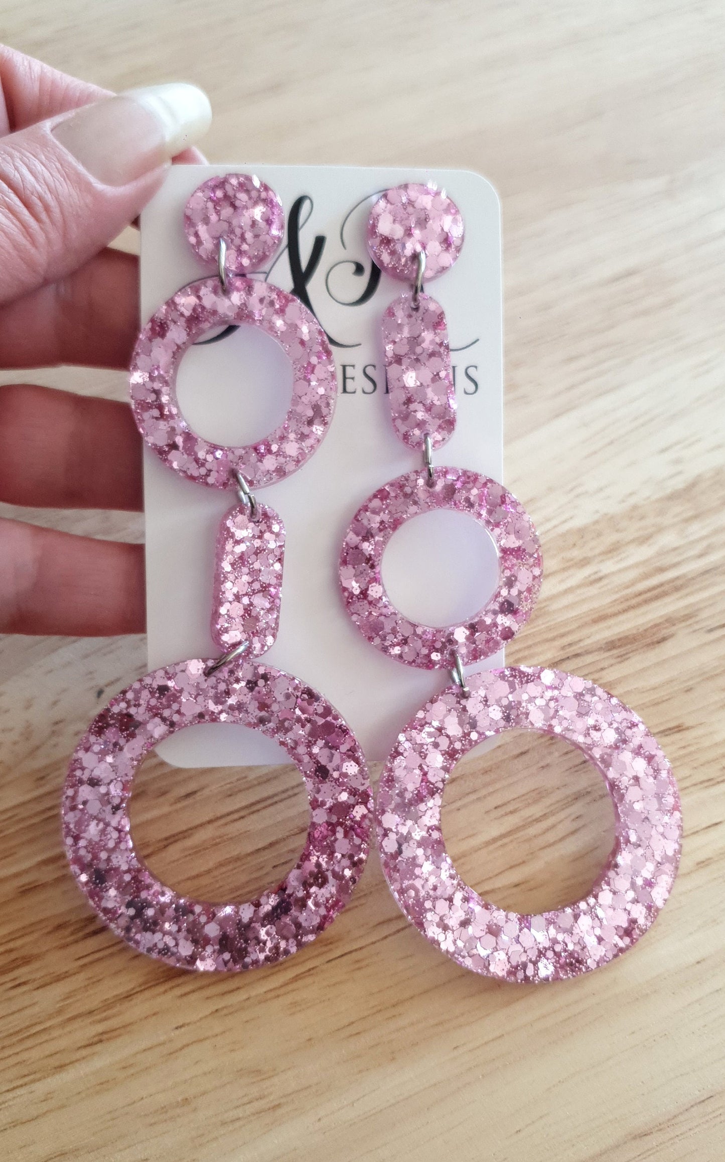 Pink Blush Circle Drop Earrings, Pink Glitter Dangle, Statement Earrings, Stainless Steel.