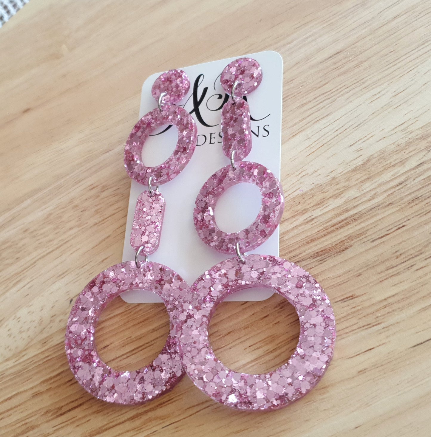 Pink Blush Circle Drop Earrings, Pink Glitter Dangle, Statement Earrings, Stainless Steel.