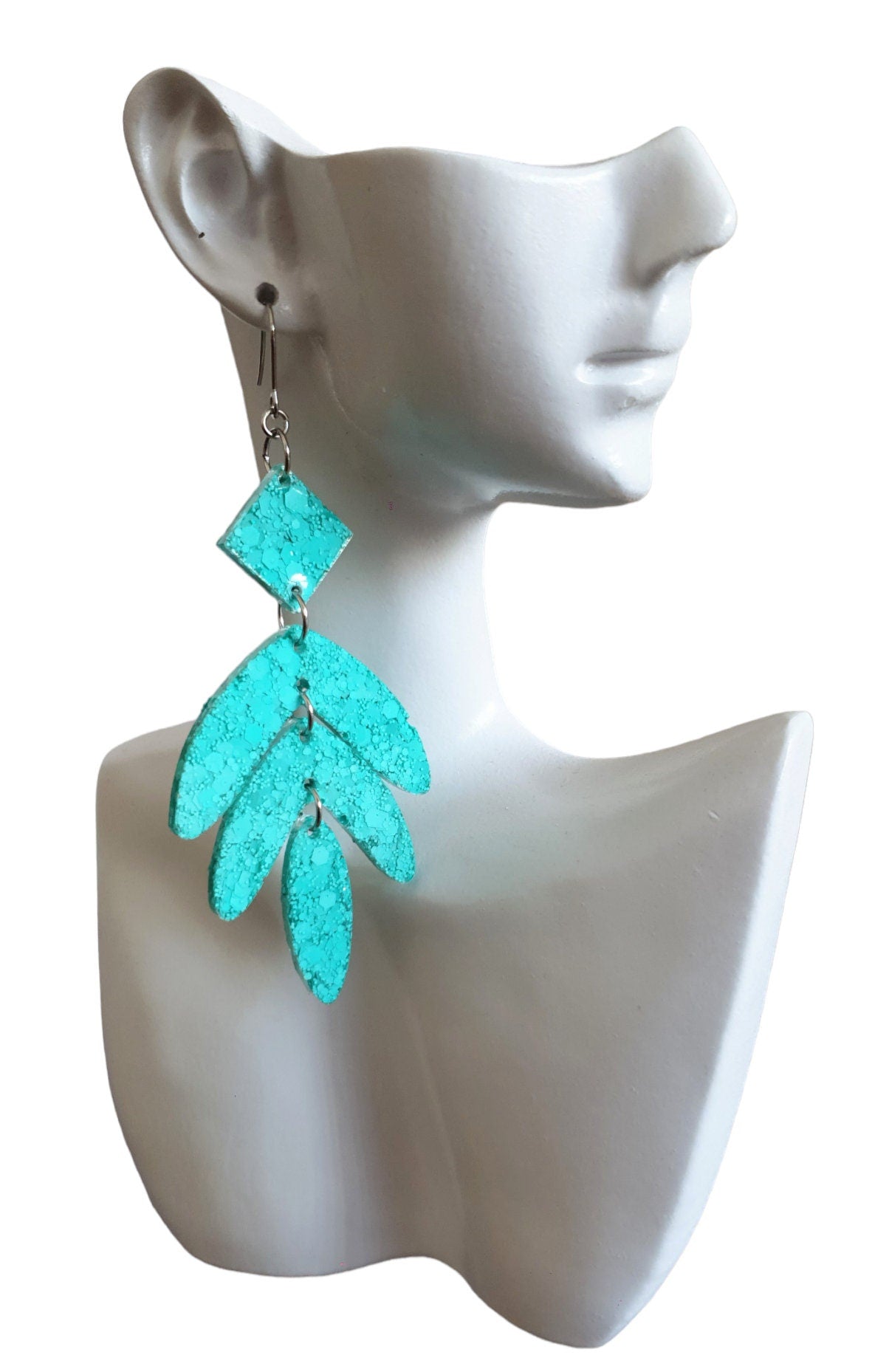 Mint Glitter Leaves Dangle Drop Hook Earrings, Green Mint Glitter Resin Dangles, Statement Chandelier Earrings with Stainless Steel