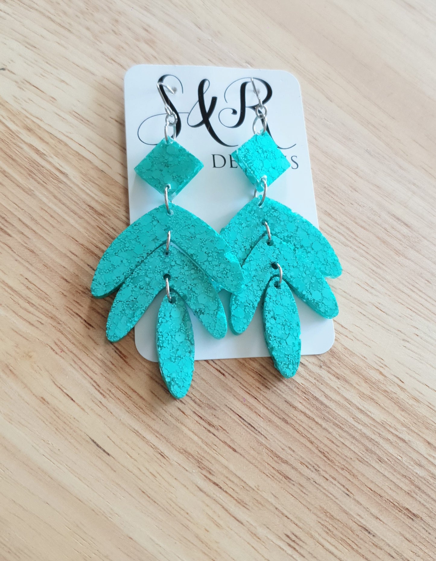 Mint Glitter Leaves Dangle Drop Hook Earrings, Green Mint Glitter Resin Dangles, Statement Chandelier Earrings with Stainless Steel
