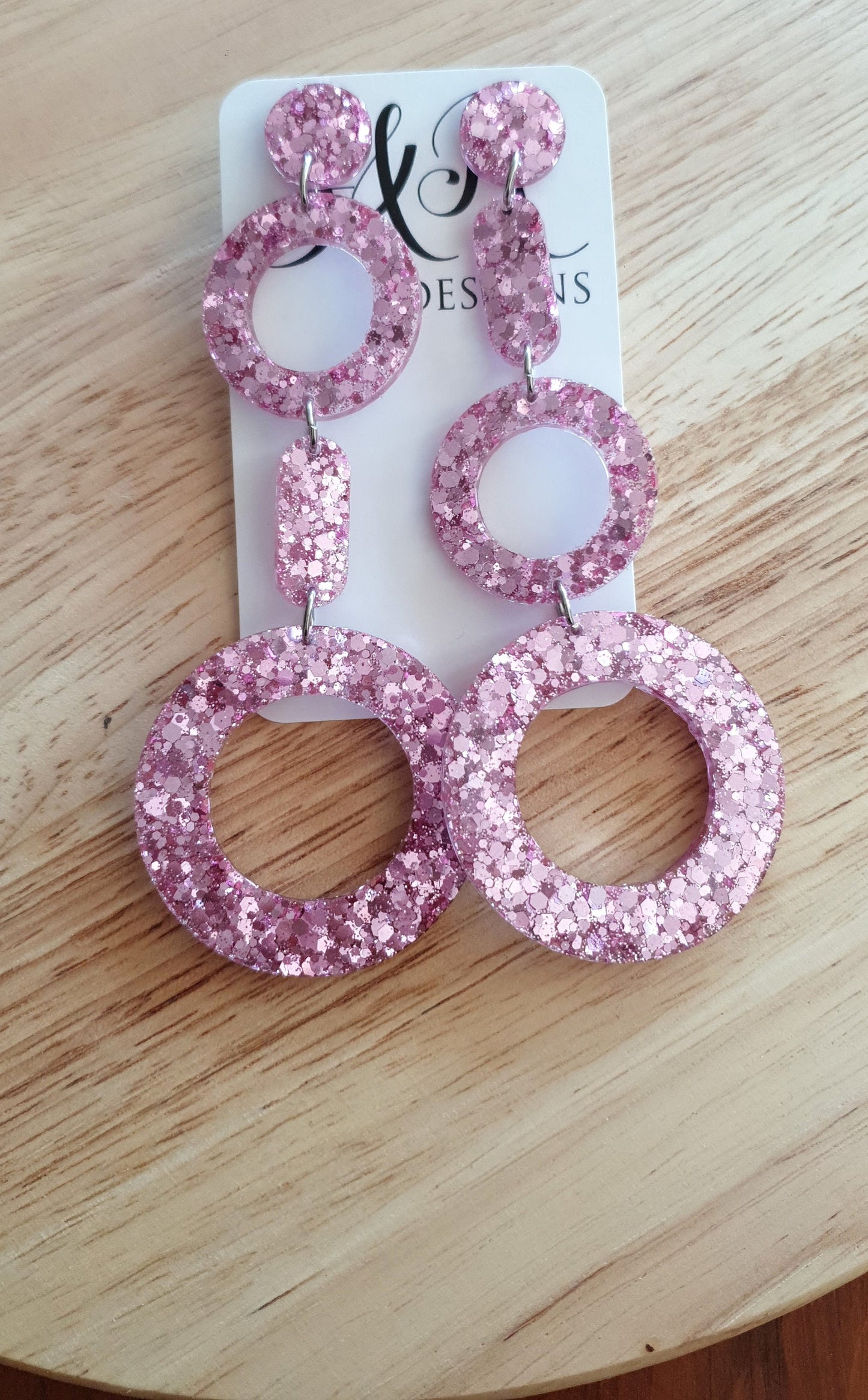 Pink Blush Circle Drop Earrings, Pink Glitter Dangle, Statement Earrings, Stainless Steel.