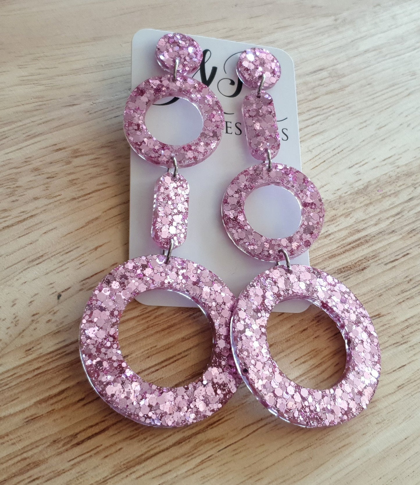 Pink Blush Circle Drop Earrings, Pink Glitter Dangle, Statement Earrings, Stainless Steel.