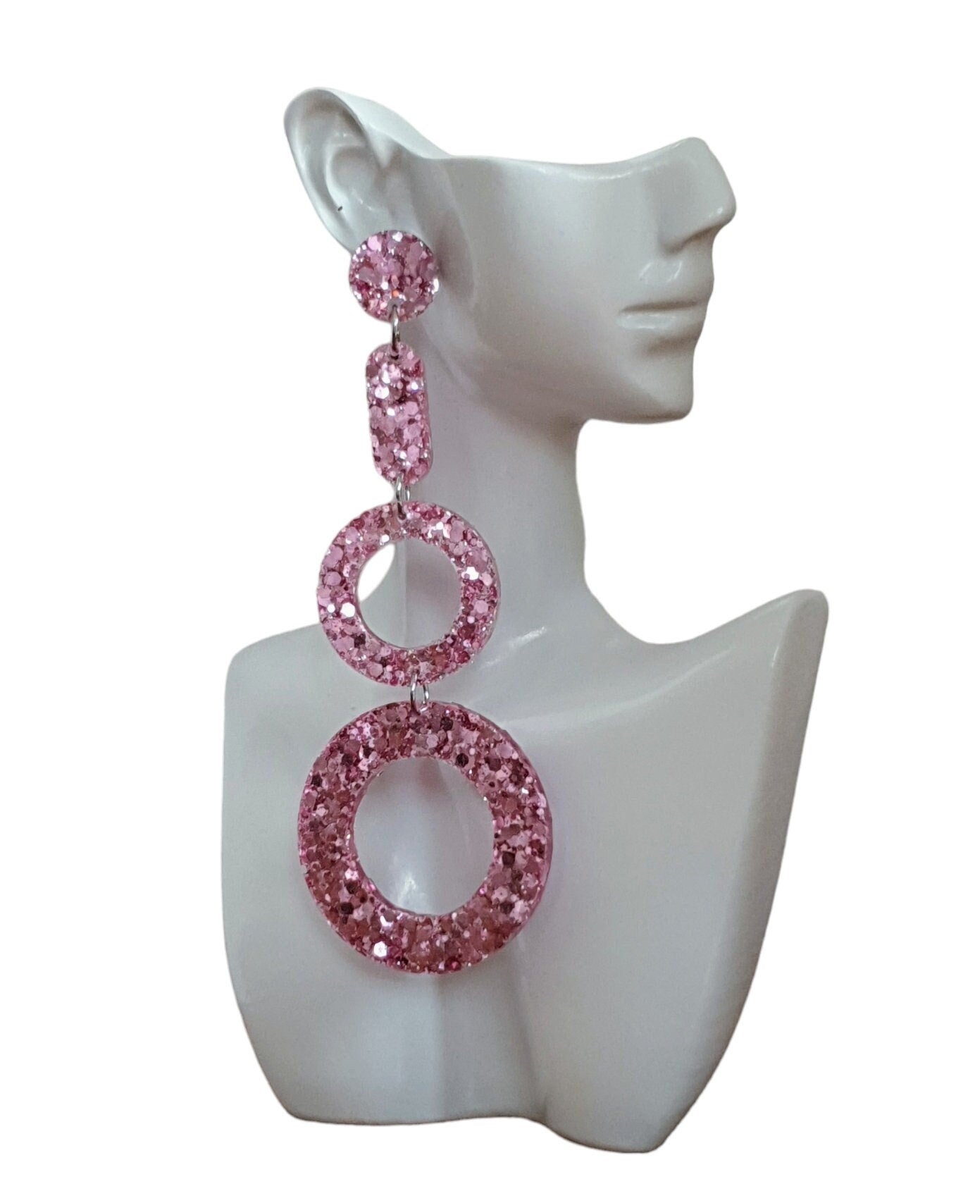 Pink Blush Circle Drop Earrings, Pink Glitter Dangle, Statement Earrings, Stainless Steel.