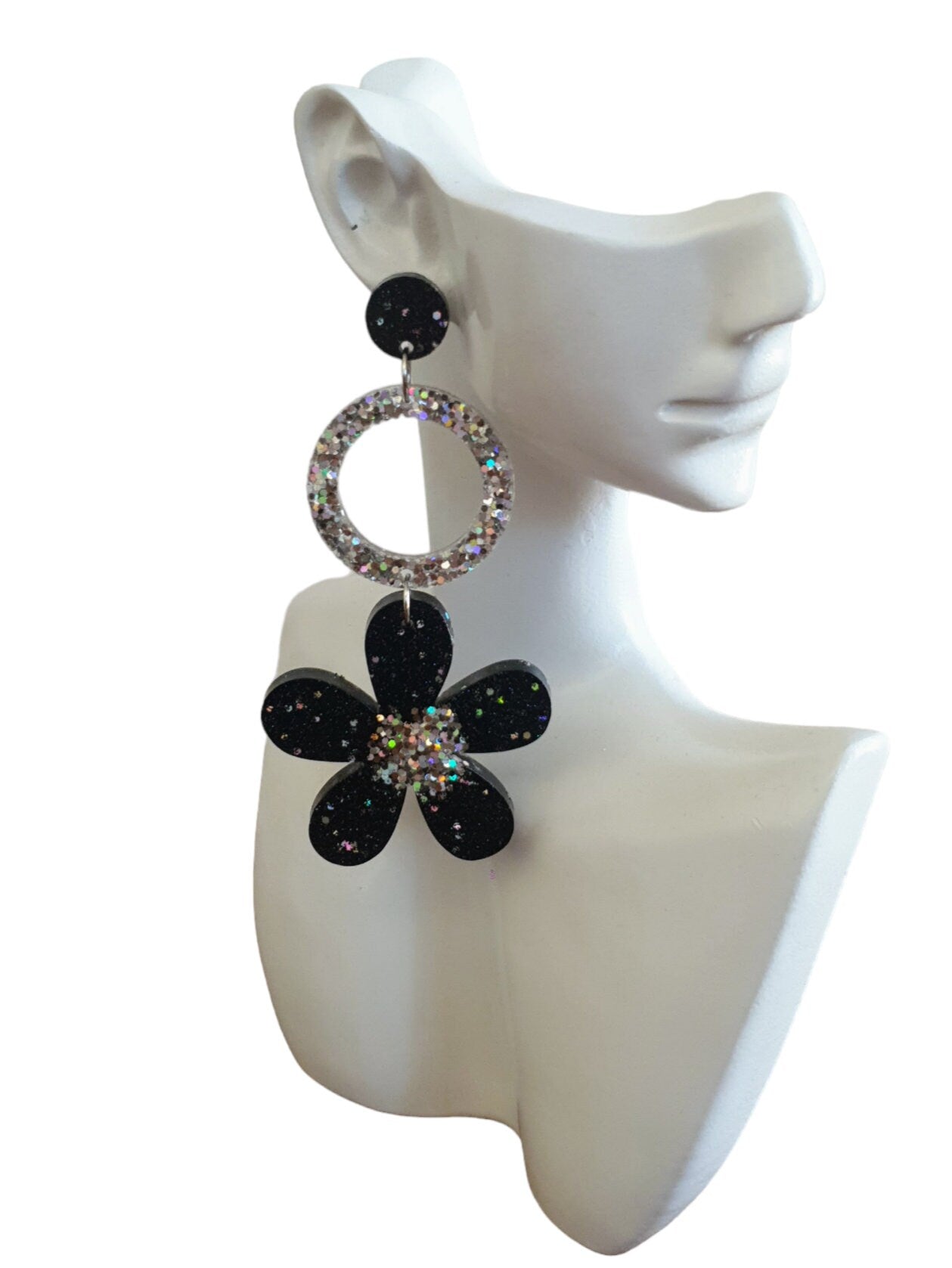 Statement Circle Flower Drop Earrings, Black and Silver Holographic Large Flower Resin Dangles, Stainless Steel