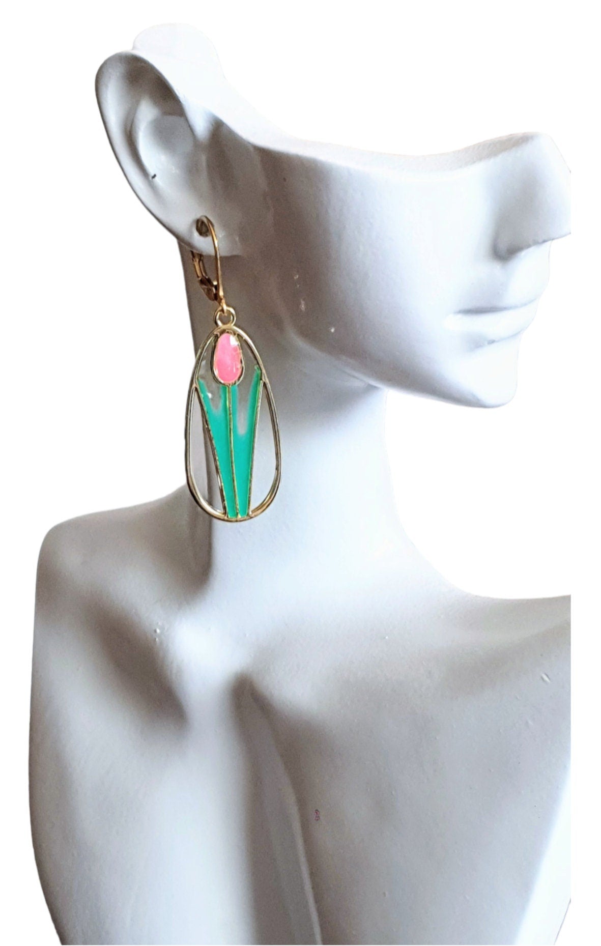 Statement Earrings, Pink Green Tulip Flower Dangle Drop Leaverback Earrings, Handmade Resin Dangles, Stainless Steel