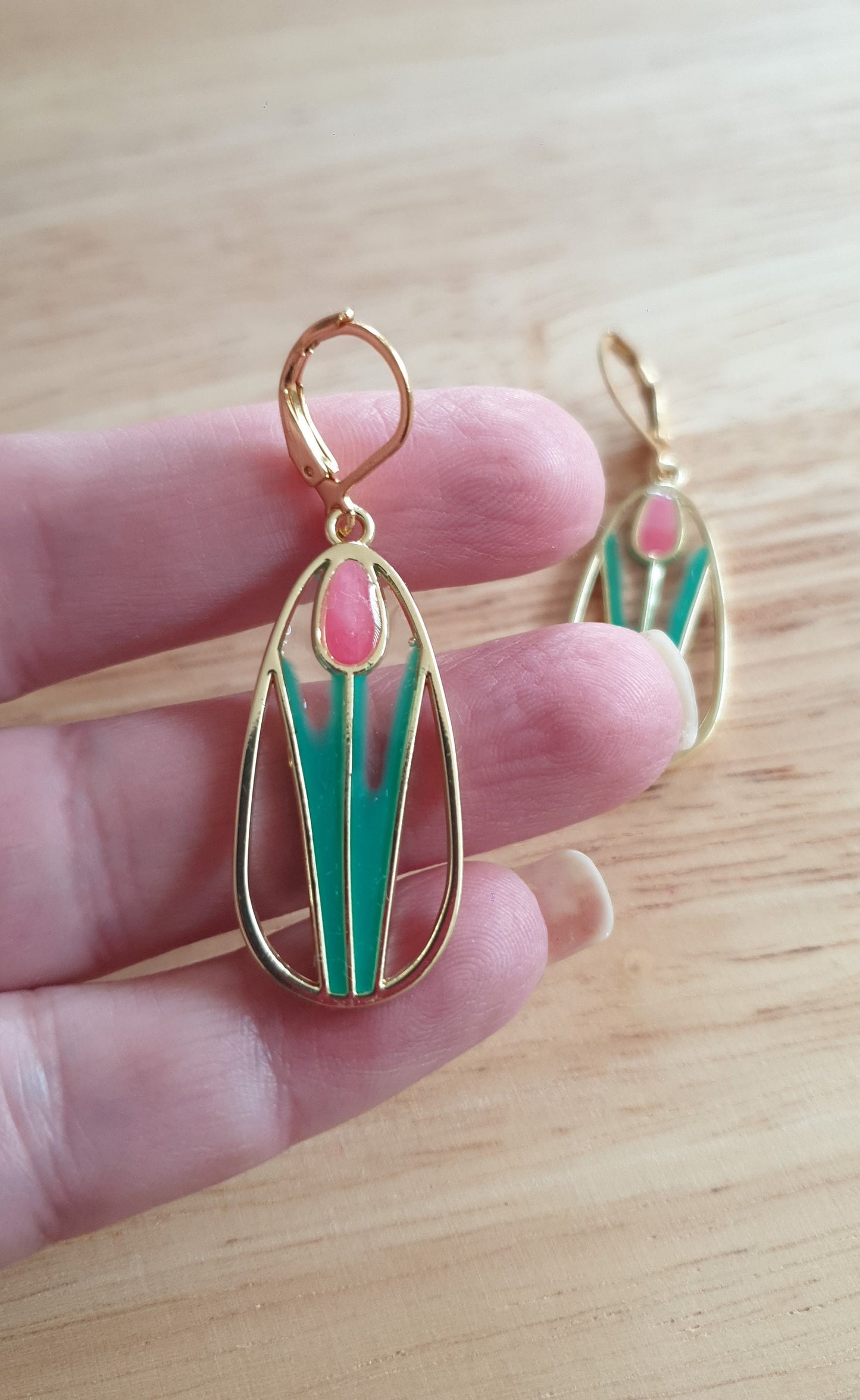Statement Earrings, Pink Green Tulip Flower Dangle Drop Leaverback Earrings, Handmade Resin Dangles, Stainless Steel