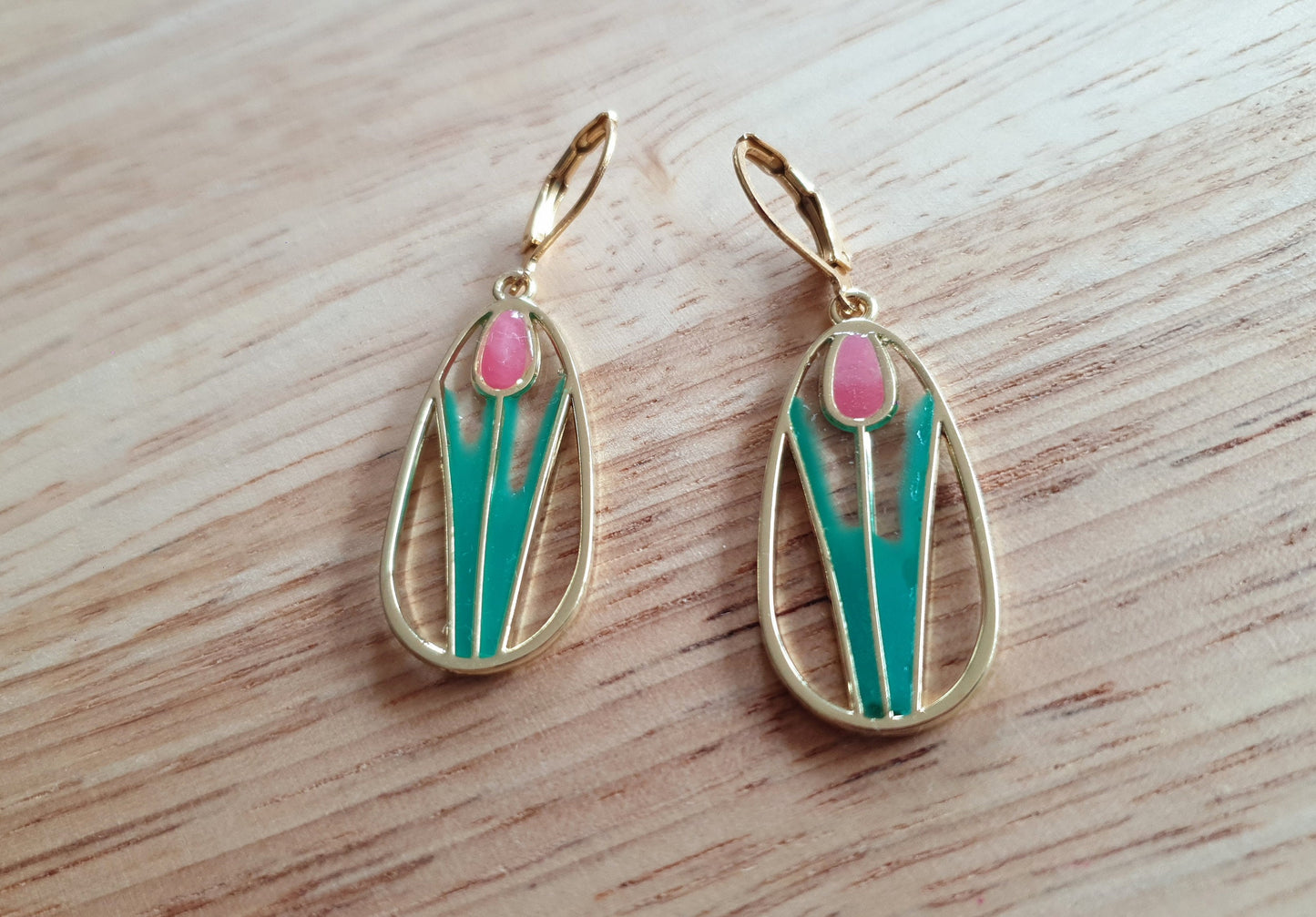 Statement Earrings, Pink Green Tulip Flower Dangle Drop Leaverback Earrings, Handmade Resin Dangles, Stainless Steel