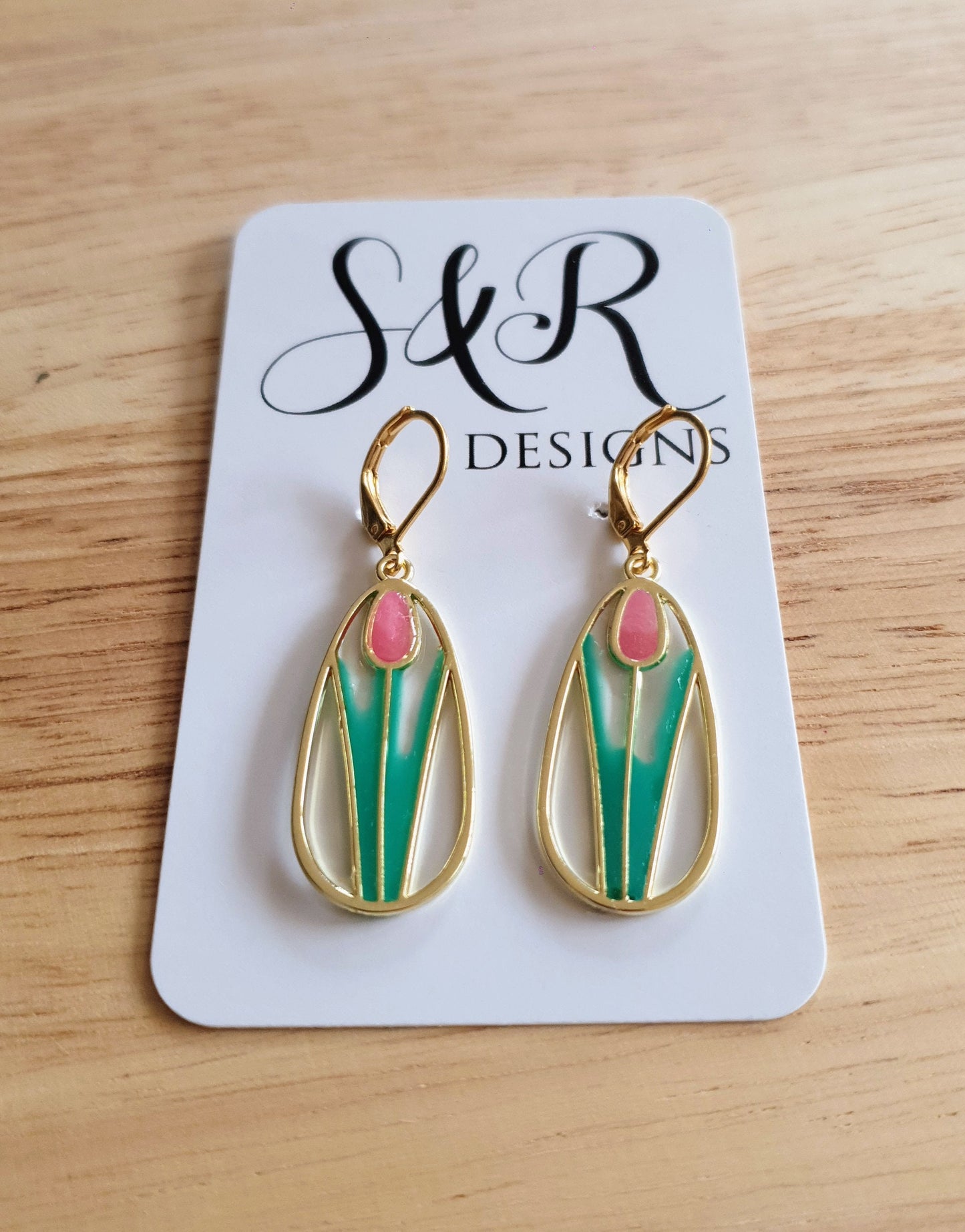 Statement Earrings, Pink Green Tulip Flower Dangle Drop Leaverback Earrings, Handmade Resin Dangles, Stainless Steel