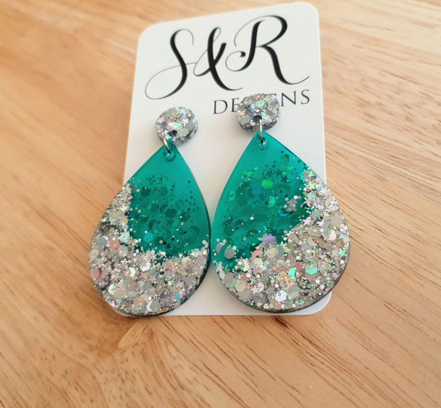 Teardrop Dangle Silver Earrings, Green with Silver Glitter Resin Drop Dangles, Stainless Steel, Statement Handmade Gift.