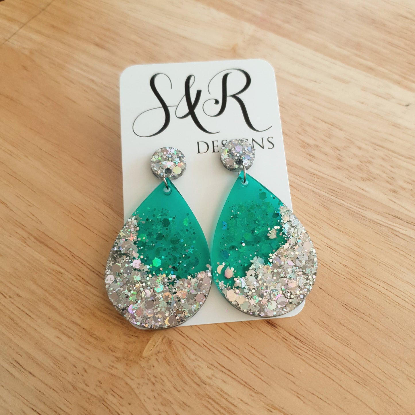 Teardrop Dangle Silver Earrings, Green with Silver Glitter Resin Drop Dangles, Stainless Steel, Statement Handmade Gift.