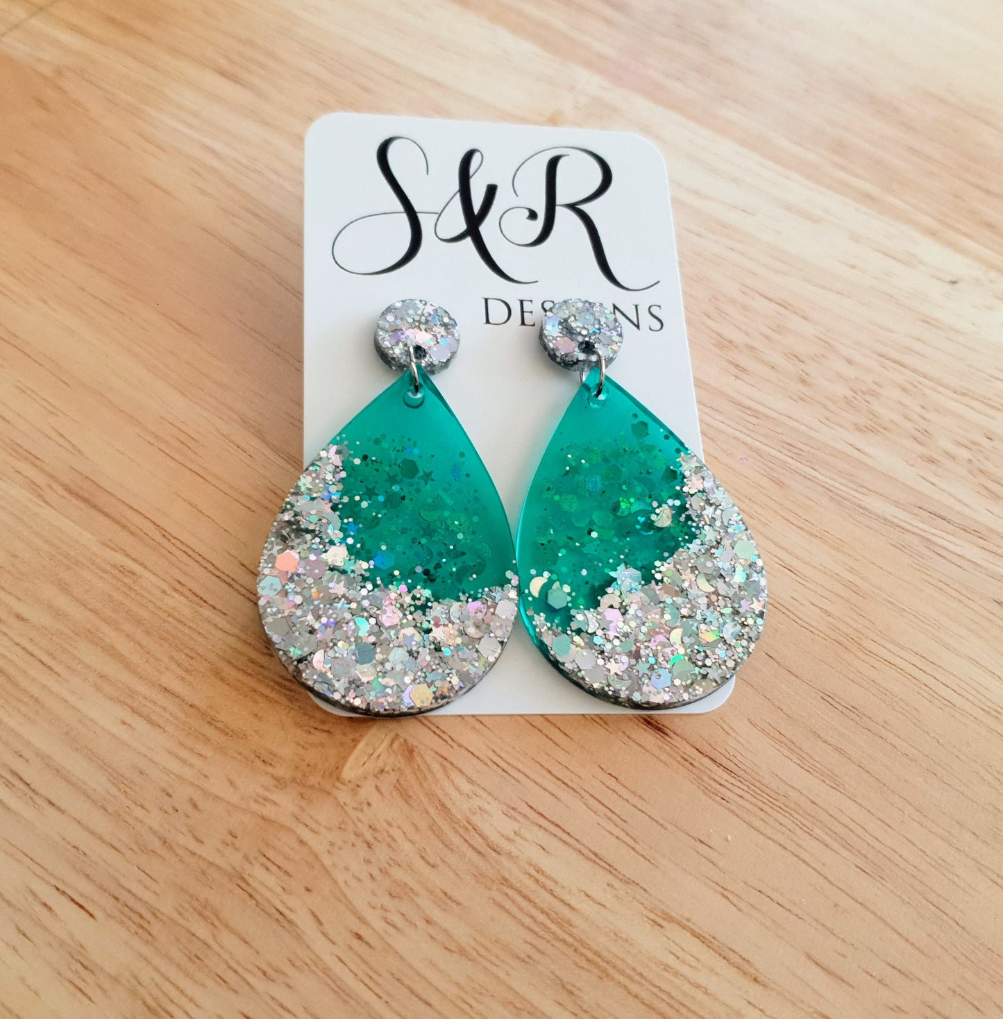Teardrop Dangle Silver Earrings, Green with Silver Glitter Resin Drop Dangles, Stainless Steel, Statement Handmade Gift.