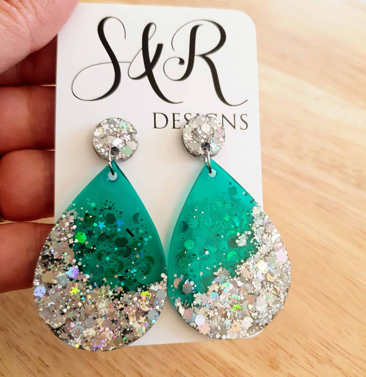 Teardrop Dangle Silver Earrings, Green with Silver Glitter Resin Drop Dangles, Stainless Steel, Statement Handmade Gift.