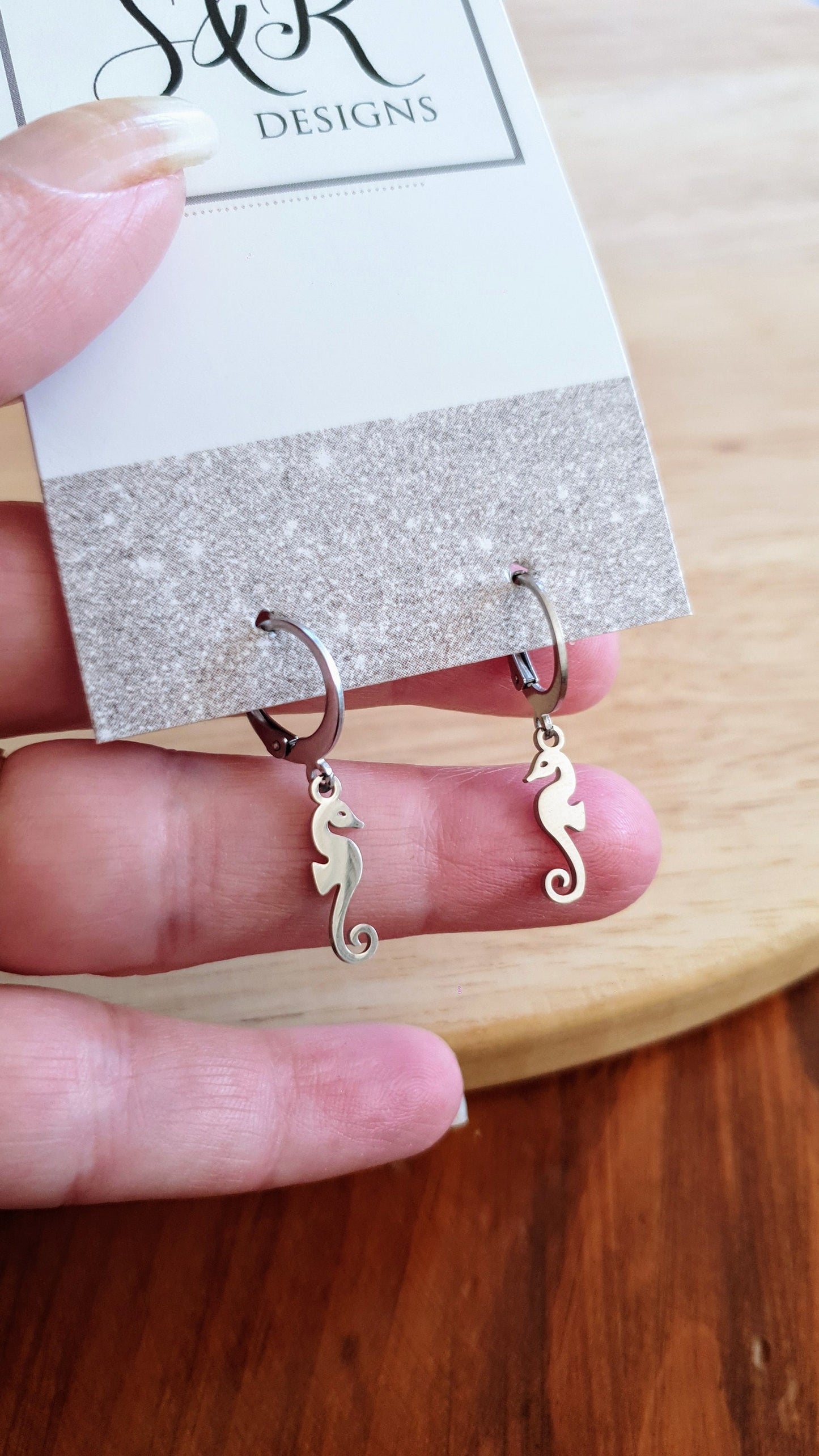 Silver Seahorse Earrings, Minimalist Stainless Steel Dangle Drops, Choose Leverback or Hook Earwire Earrings. Beach Wear Gift