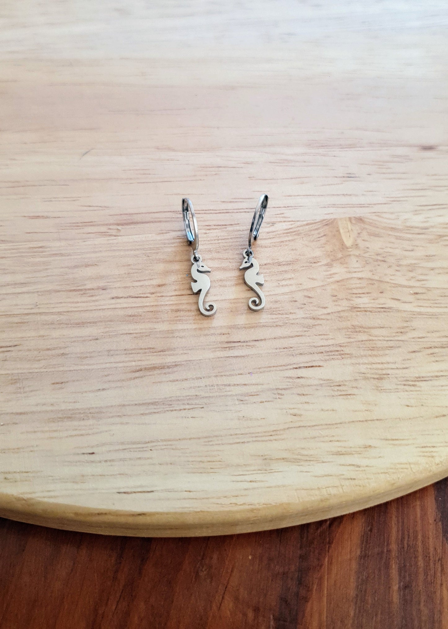 Silver Seahorse Earrings, Minimalist Stainless Steel Dangle Drops, Choose Leverback or Hook Earwire Earrings. Beach Wear Gift