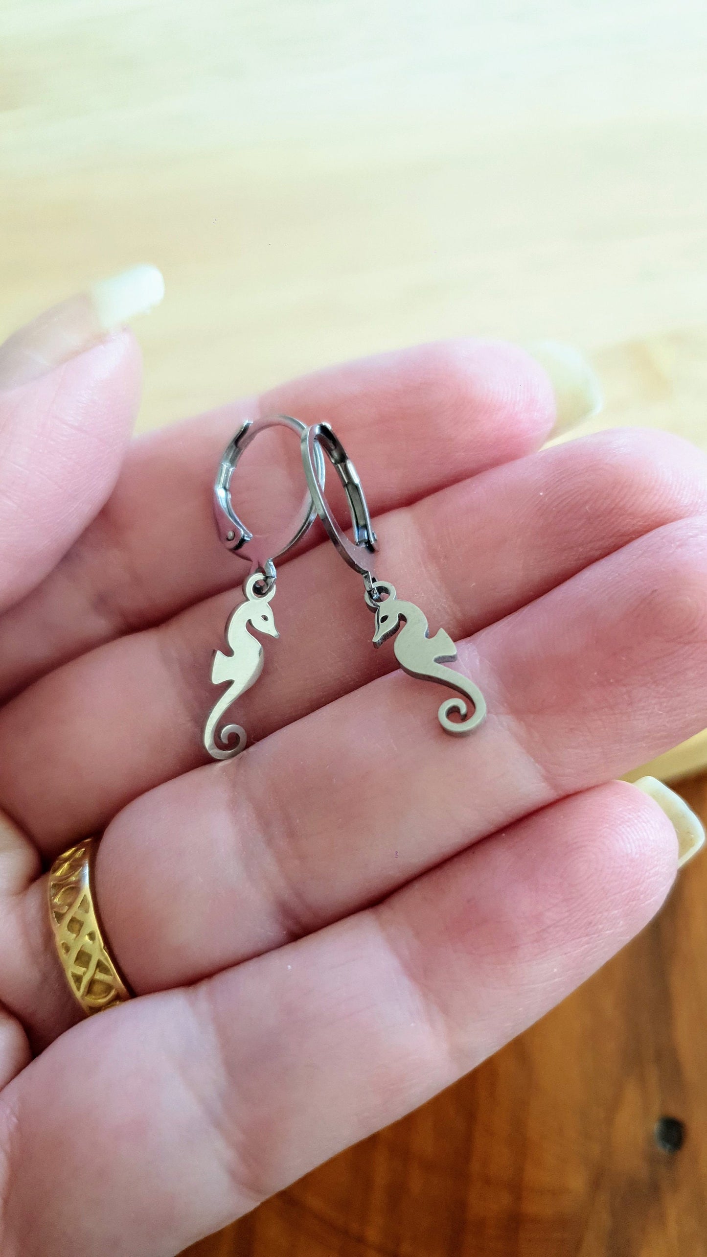 Silver Seahorse Earrings, Minimalist Stainless Steel Dangle Drops, Choose Leverback or Hook Earwire Earrings. Beach Wear Gift