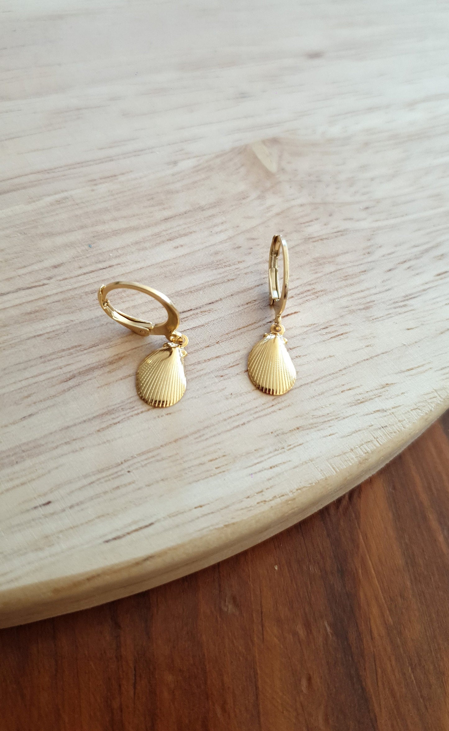 Gold Beach Earrings, Minimalist Shell Drop Earrings, Gold Stainless Steel Dangle Drops, Choose Leverback or Hook Earwire Earrings.