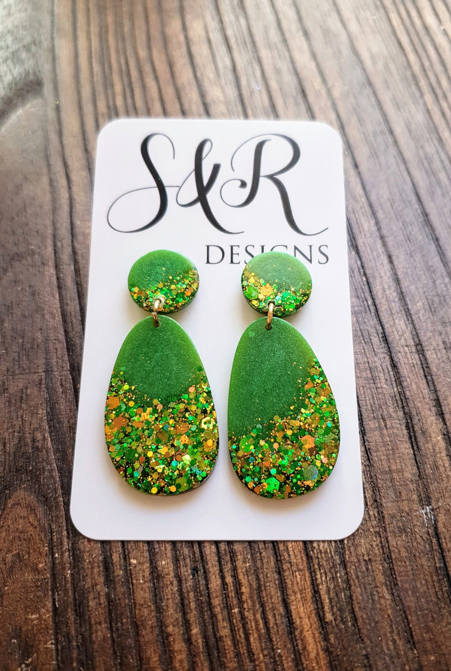 Sparkly Green Oval Organic Shape Drop Earrings, Green Gold Mix Glitter, Resin Handmade, Stainless Steel. Personalised Gift