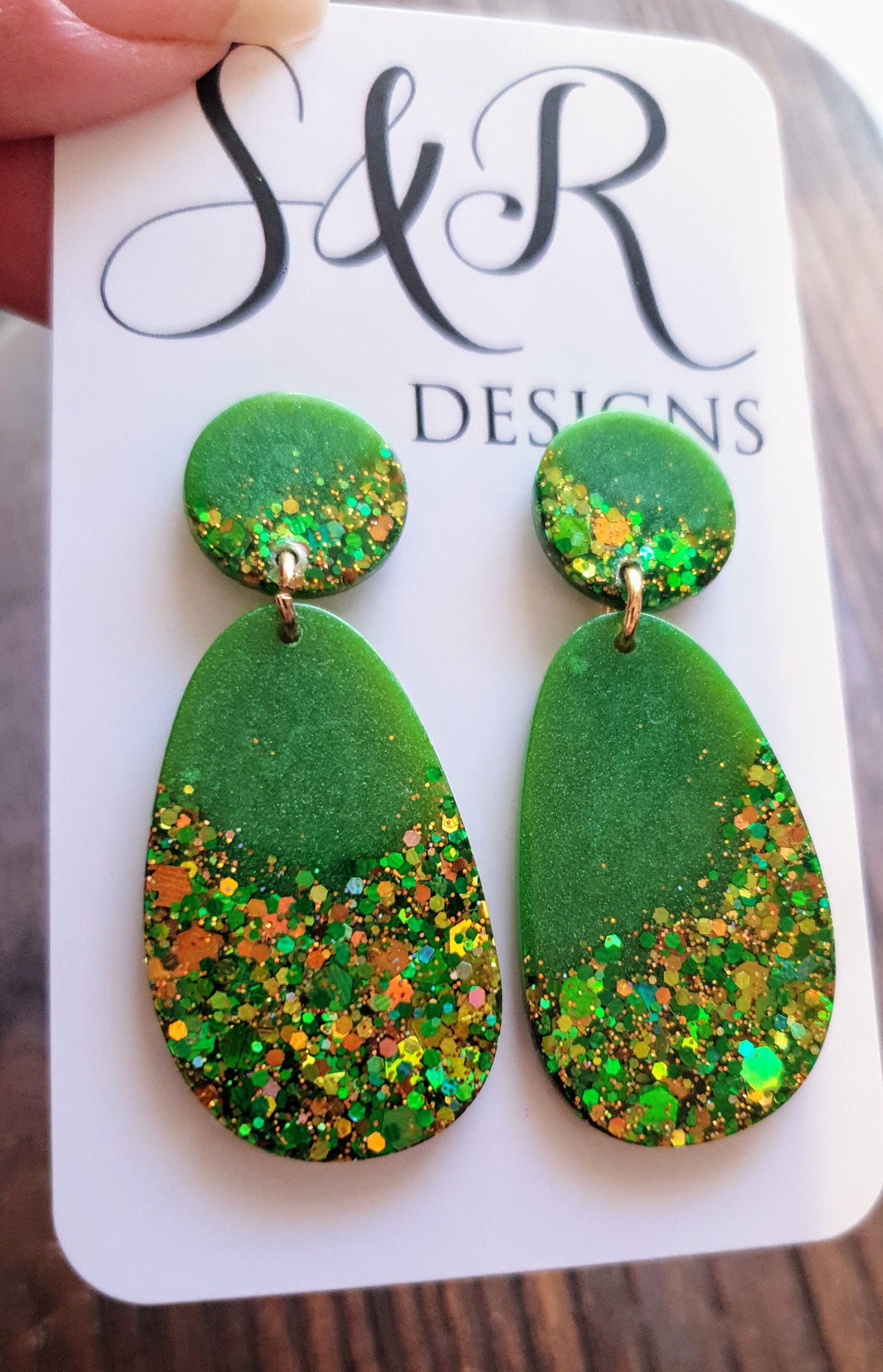 Sparkly Green Oval Organic Shape Drop Earrings, Green Gold Mix Glitter, Resin Handmade, Stainless Steel. Personalised Gift