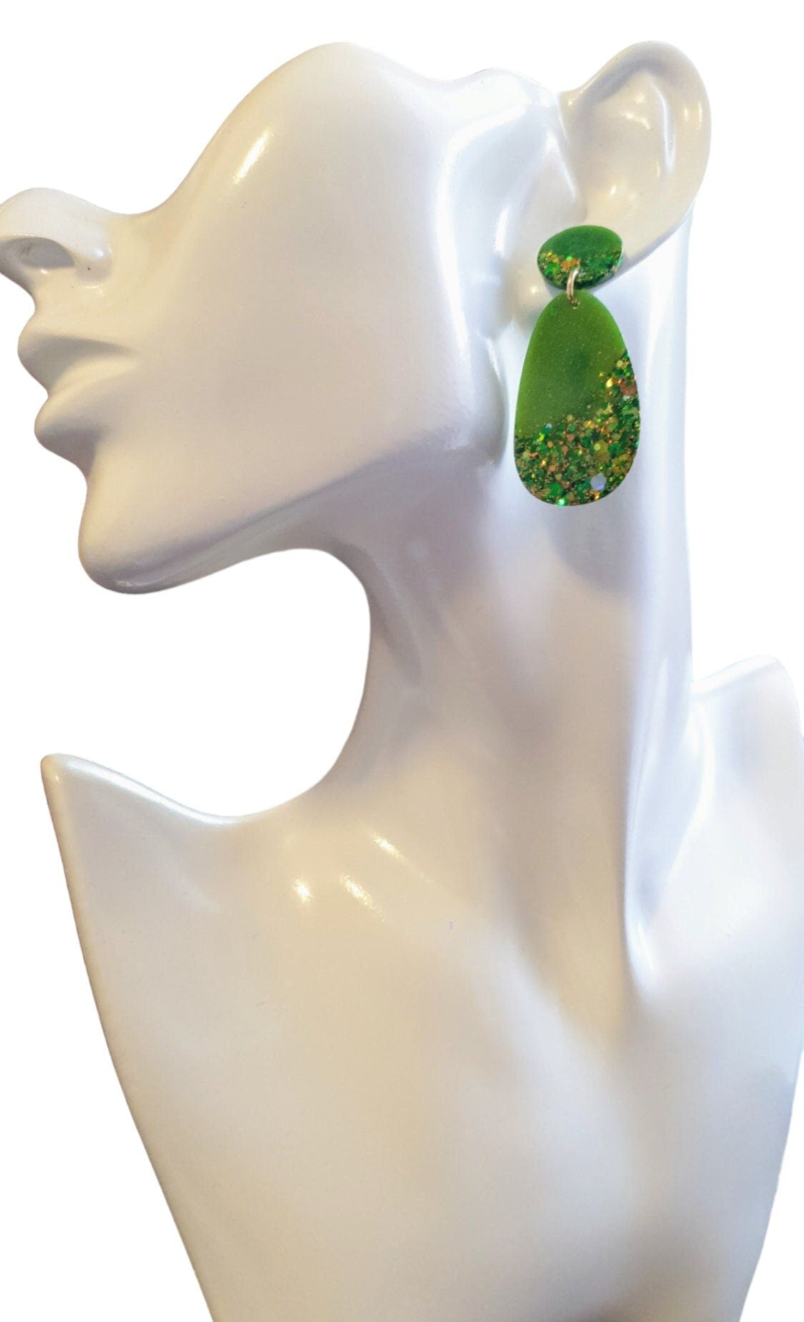 Sparkly Green Oval Organic Shape Drop Earrings, Green Gold Mix Glitter, Resin Handmade, Stainless Steel. Personalised Gift