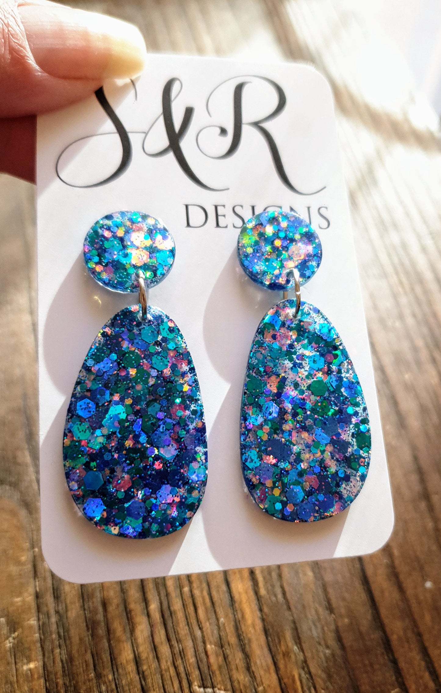 Statement Blue Oval Organic Shape Drop Earrings, Blue Holographic Pink Mix Glitter, Resin Handmade, Stainless Steel. Personalised Gift