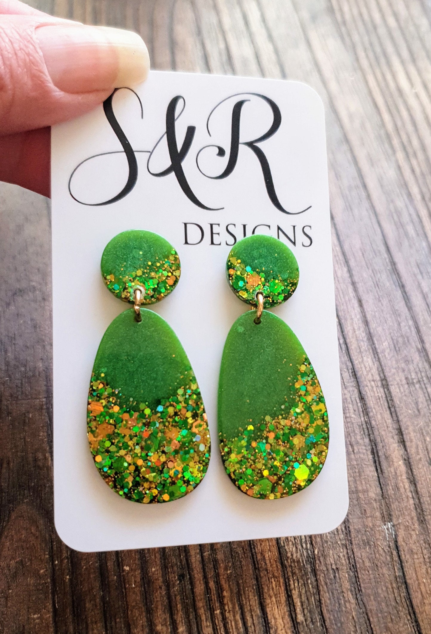 Sparkly Green Oval Organic Shape Drop Earrings, Green Gold Mix Glitter, Resin Handmade, Stainless Steel. Personalised Gift