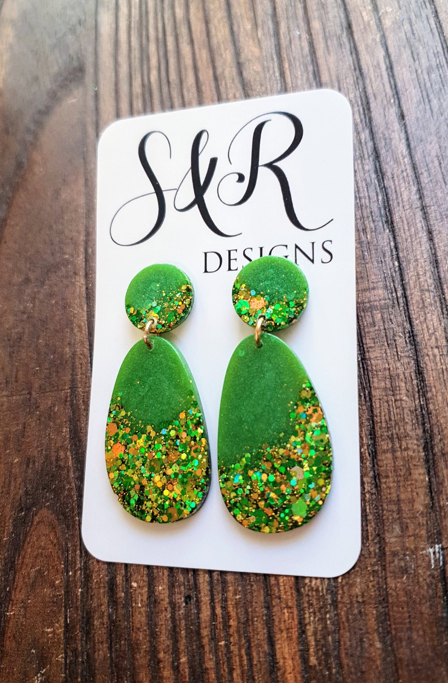 Sparkly Green Oval Organic Shape Drop Earrings, Green Gold Mix Glitter, Resin Handmade, Stainless Steel. Personalised Gift