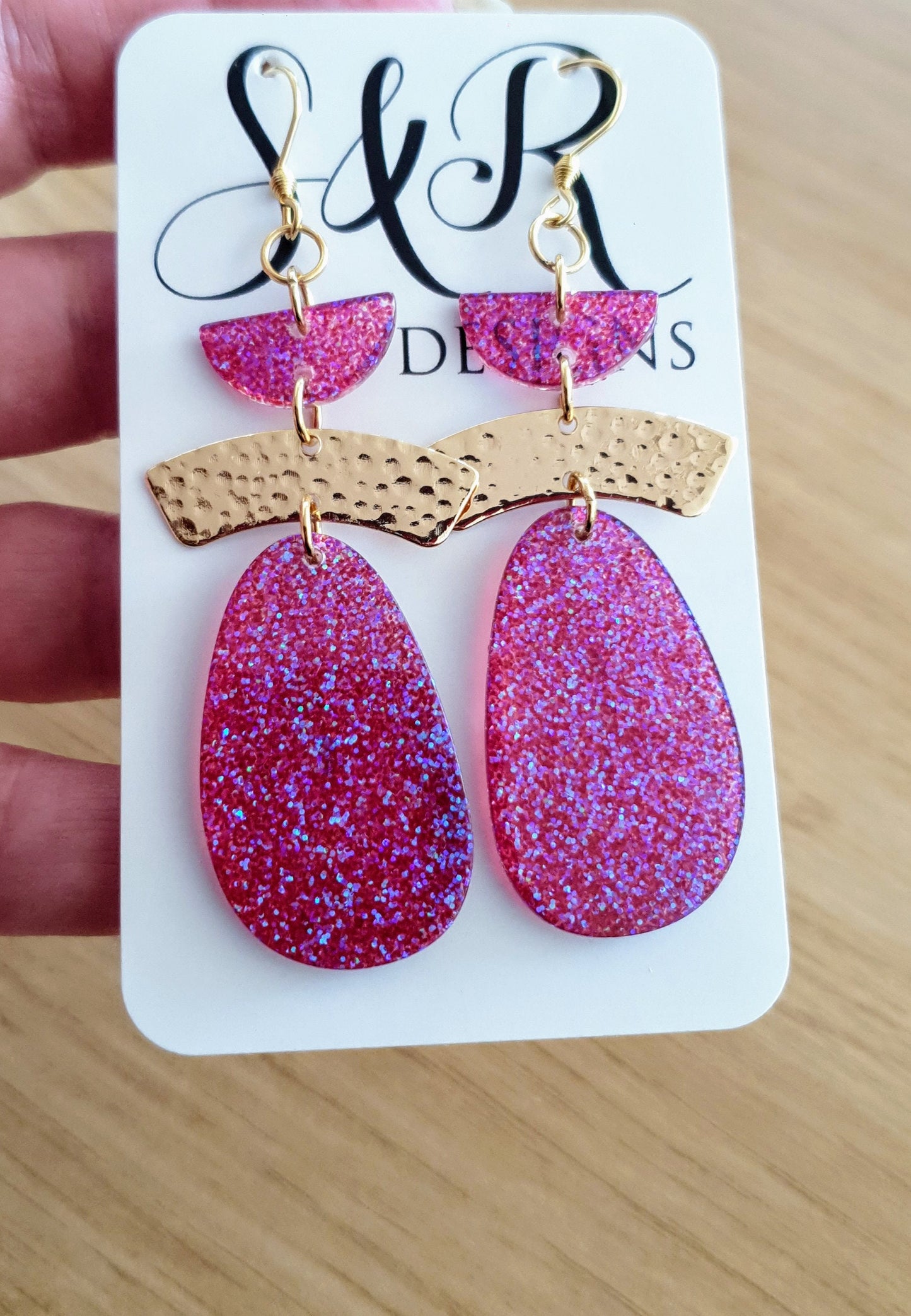Purple Gold Hammered Organic Oval Drop Earwire Earrings, Purple Holographic Glitter, Resin Handmade, Stainless Steel. Earrings Lover Gift