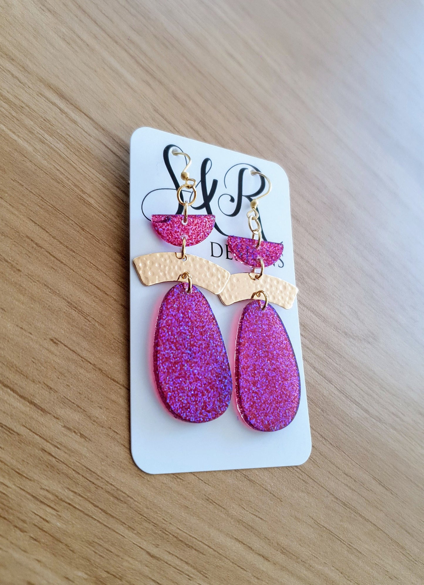 Purple Gold Hammered Organic Oval Drop Earwire Earrings, Purple Holographic Glitter, Resin Handmade, Stainless Steel. Earrings Lover Gift