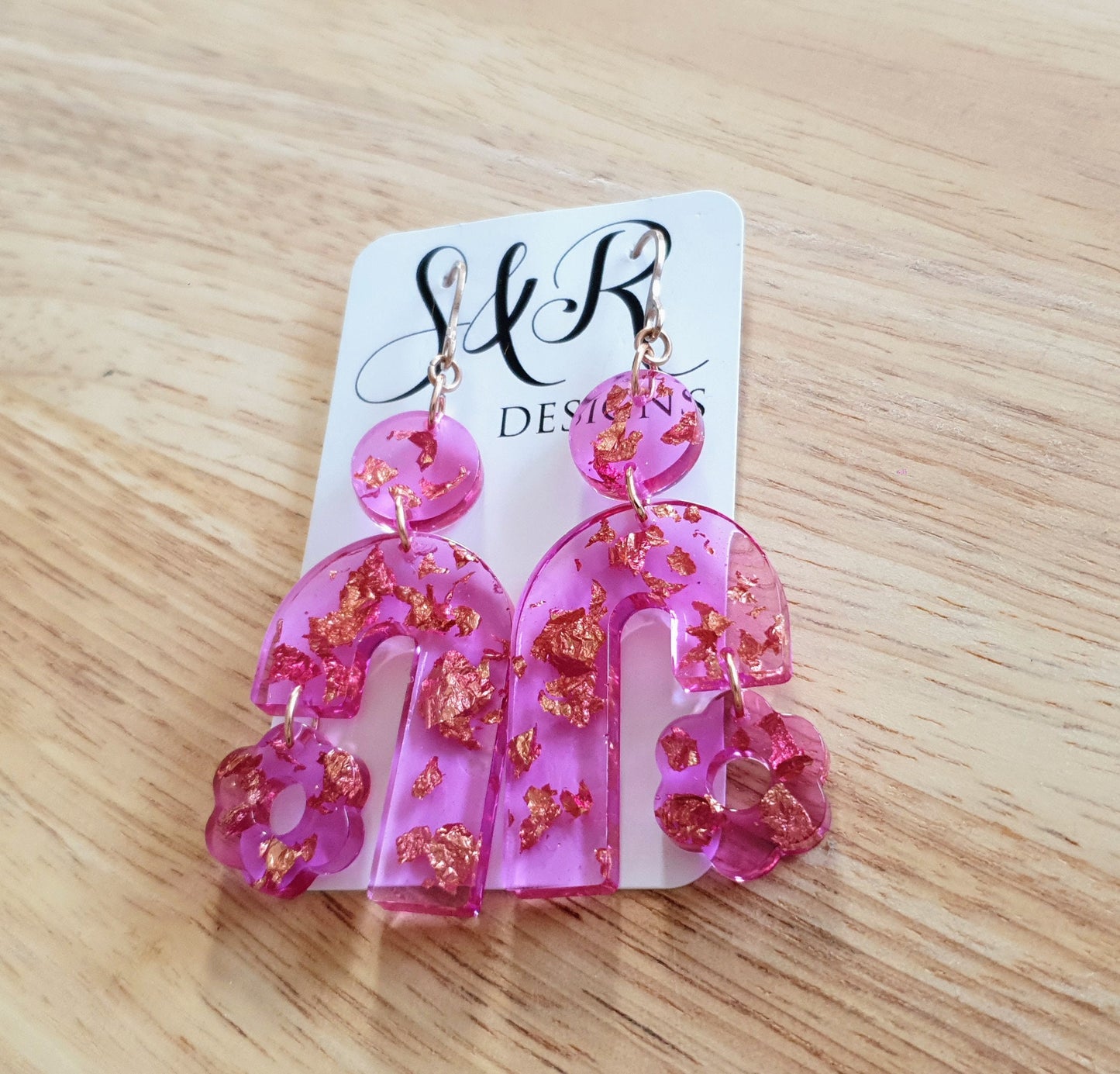 Lucid Pink Arch Dangles with Flower, Pink Resin and Rosegold Leaf, Pink Flower Charm, Statement Stainless Steel Earrings