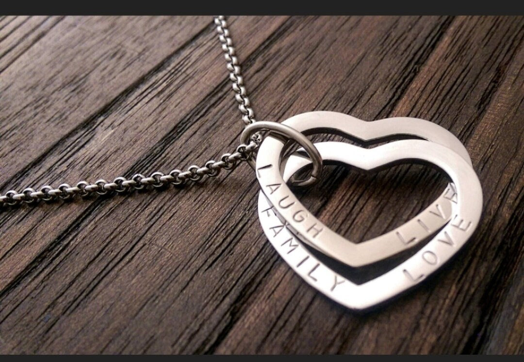 Personalised Heart Connecting Rings Necklace, Two Heart Links, Children names Personalized Hand Stamped Gift, Engagement, Girlfriend, Mother