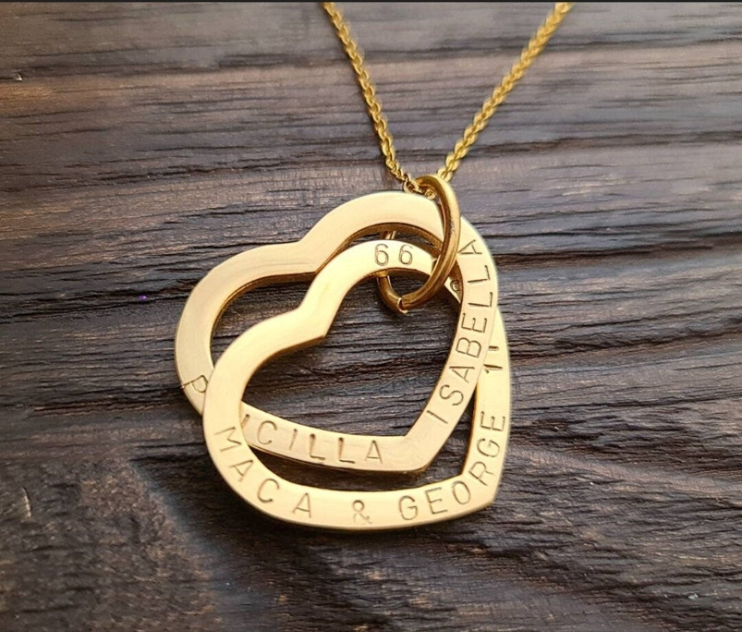 Personalised Heart Connecting Rings Necklace, Two Heart Links, Children names Personalized Hand Stamped Gift, Engagement, Girlfriend, Mother
