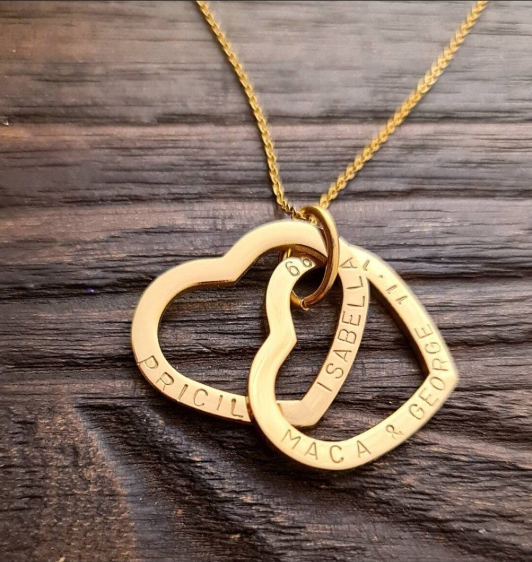 Personalised Heart Connecting Rings Necklace, Two Heart Links, Children names Personalized Hand Stamped Gift, Engagement, Girlfriend, Mother